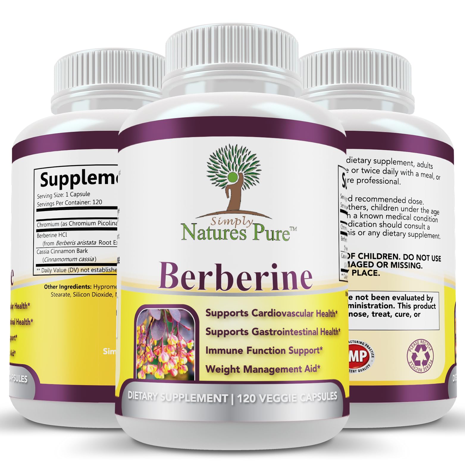 Simply Natures Pure Berberine 500mg supplement bottle side view