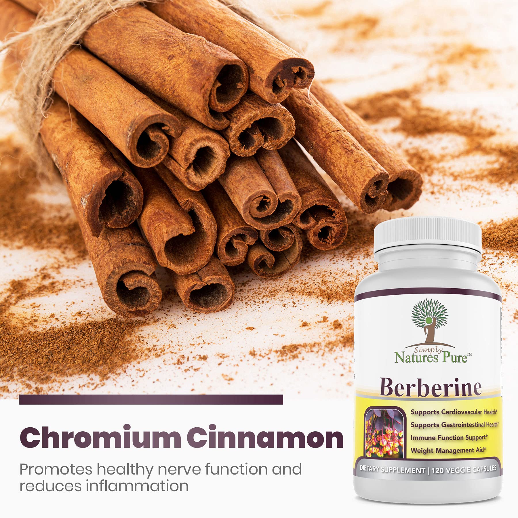 Simply Natures Pure Berberine 500mg supplement bottle with cinnamon stick
