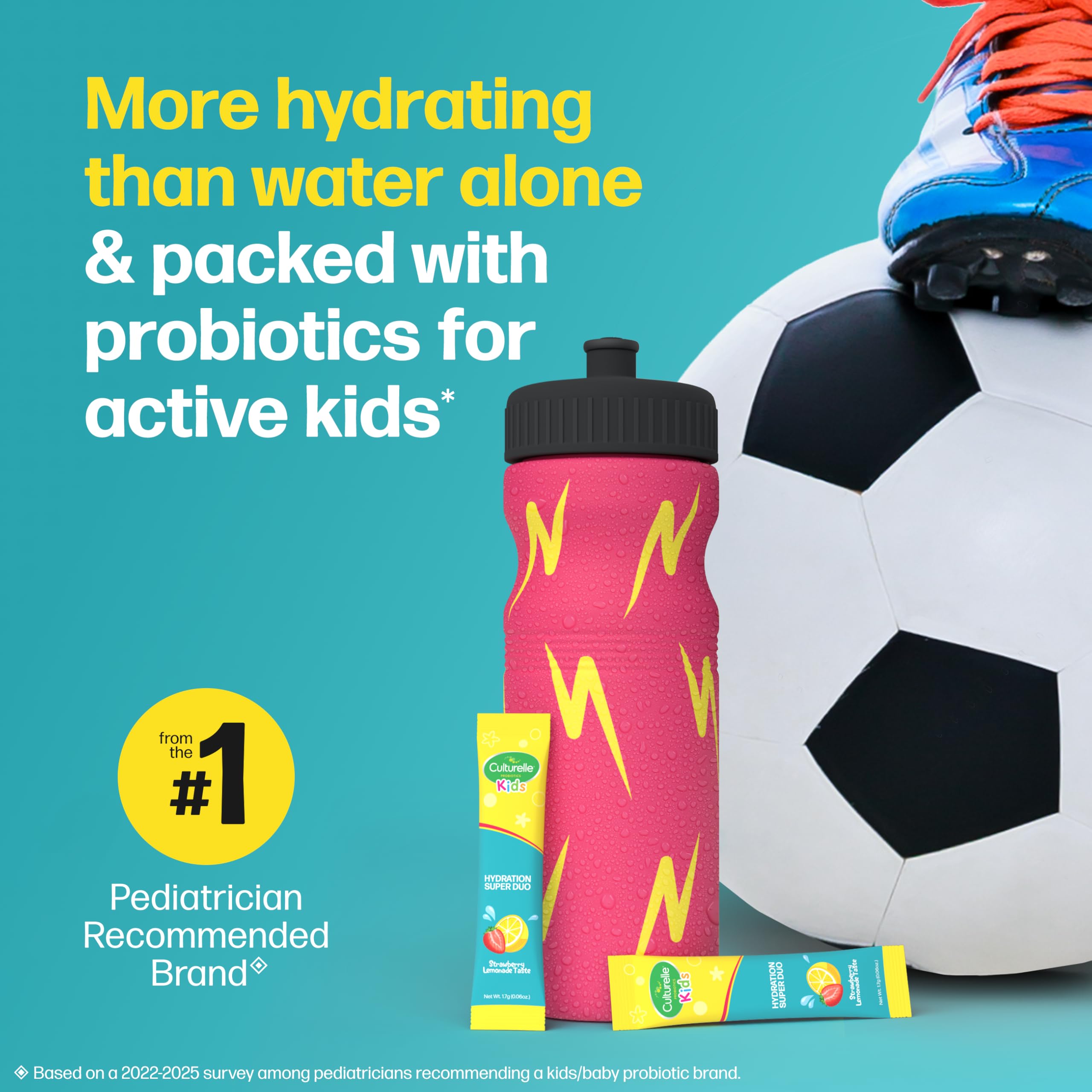 Single packet of Culturelle Kids Probiotics and Electrolytes in strawberry lemonade