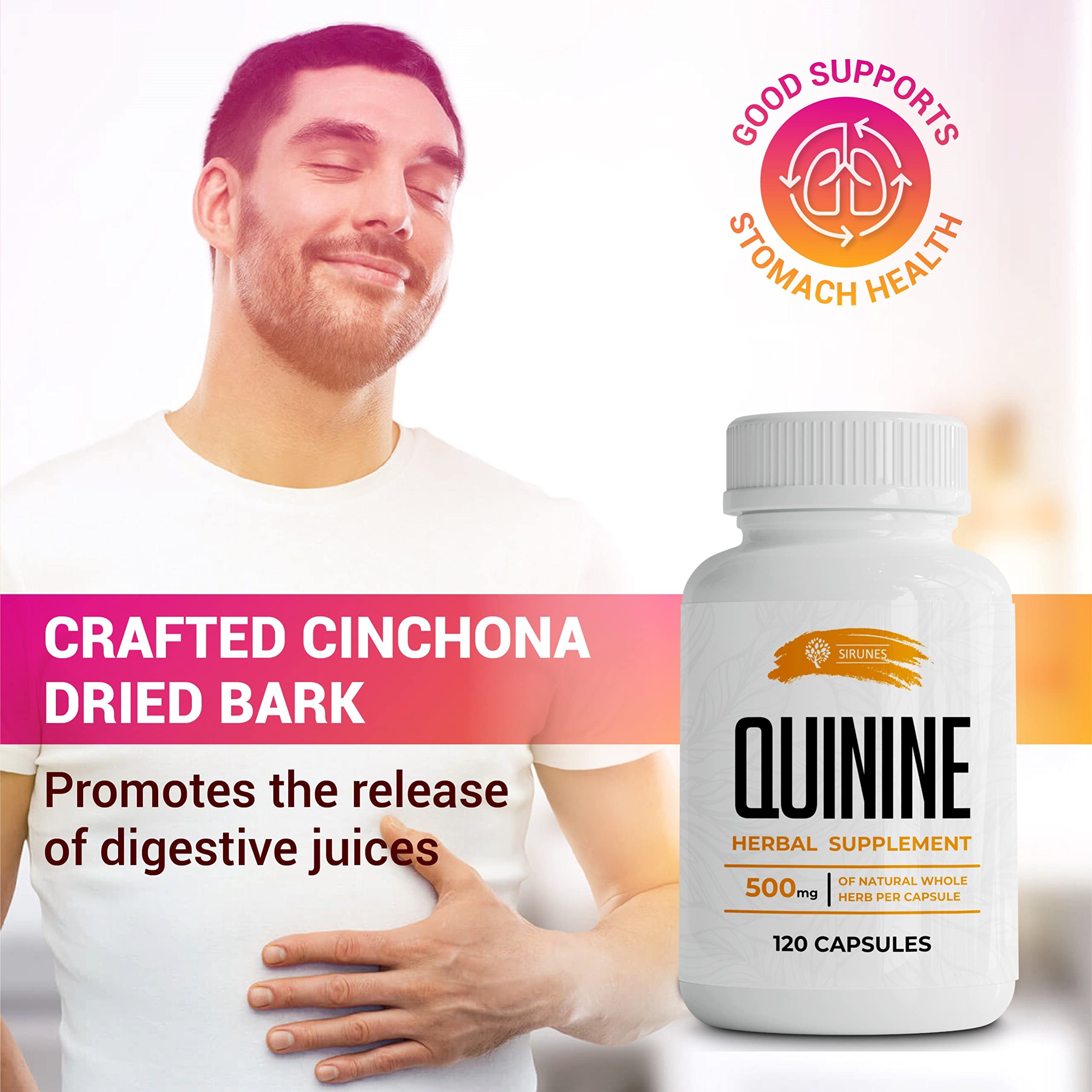 SIRUNES Quinine Capsules bottle with natural ingredients background