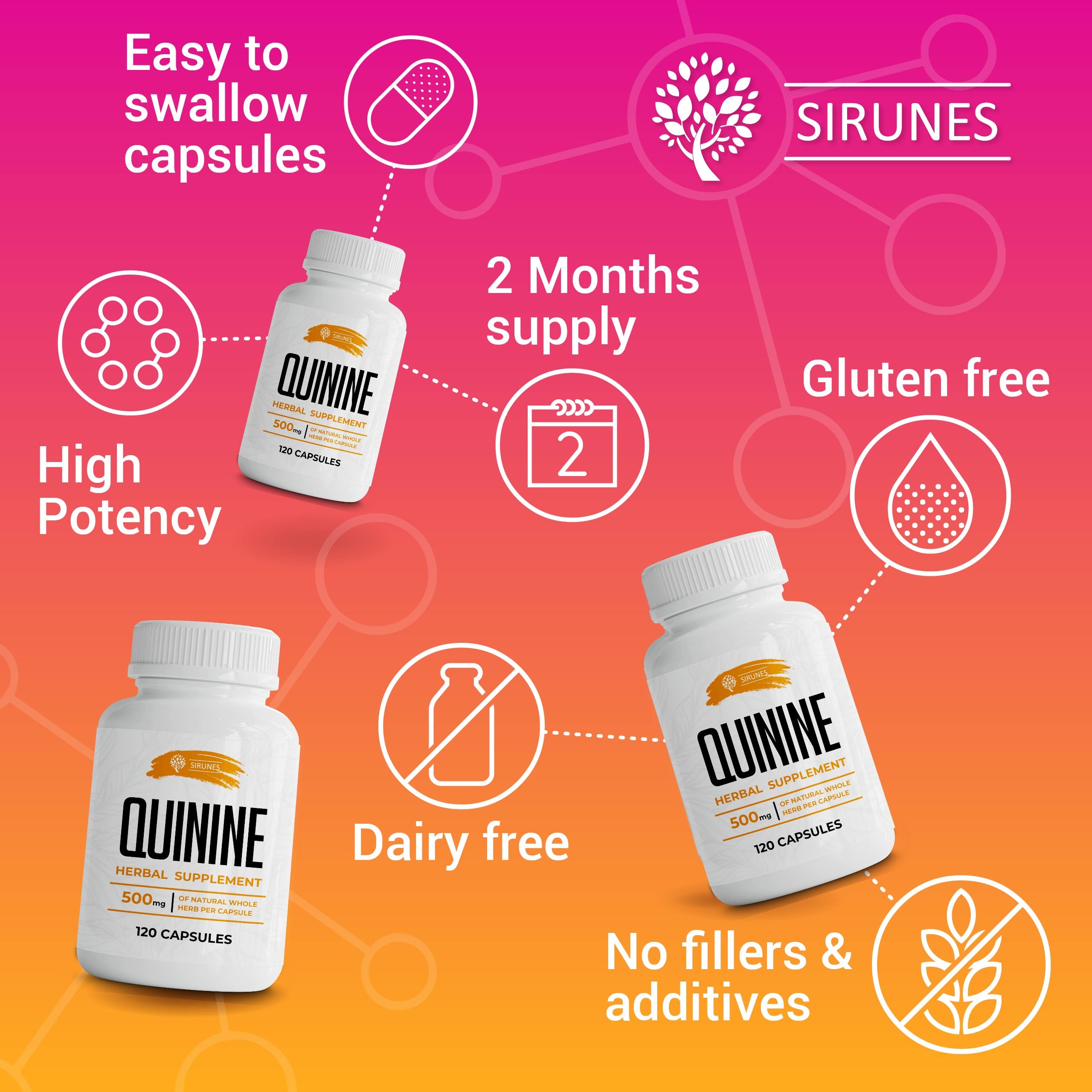 SIRUNES Quinine Capsules showing dosage instructions on the label