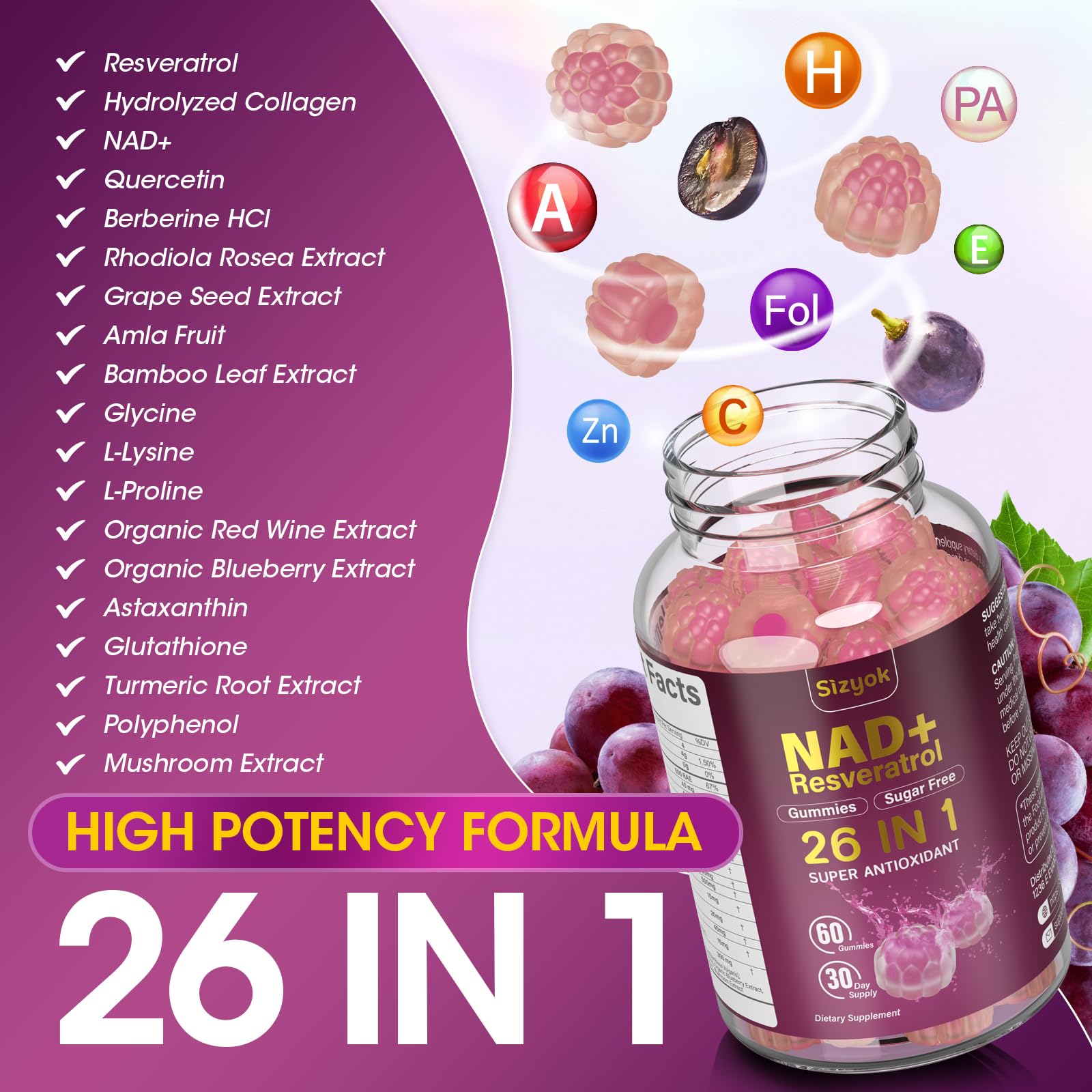 Sizyok NAD Resveratrol Gummies bottle with 60 gummies