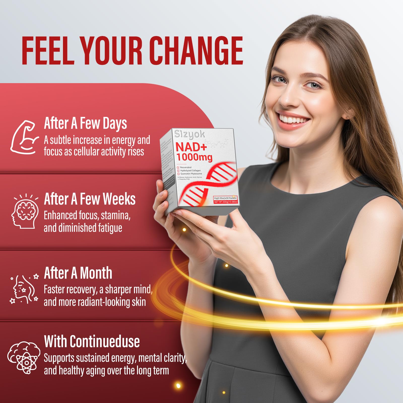 Sizyok NAD+ Resveratrol liquid supplement lifestyle scene
