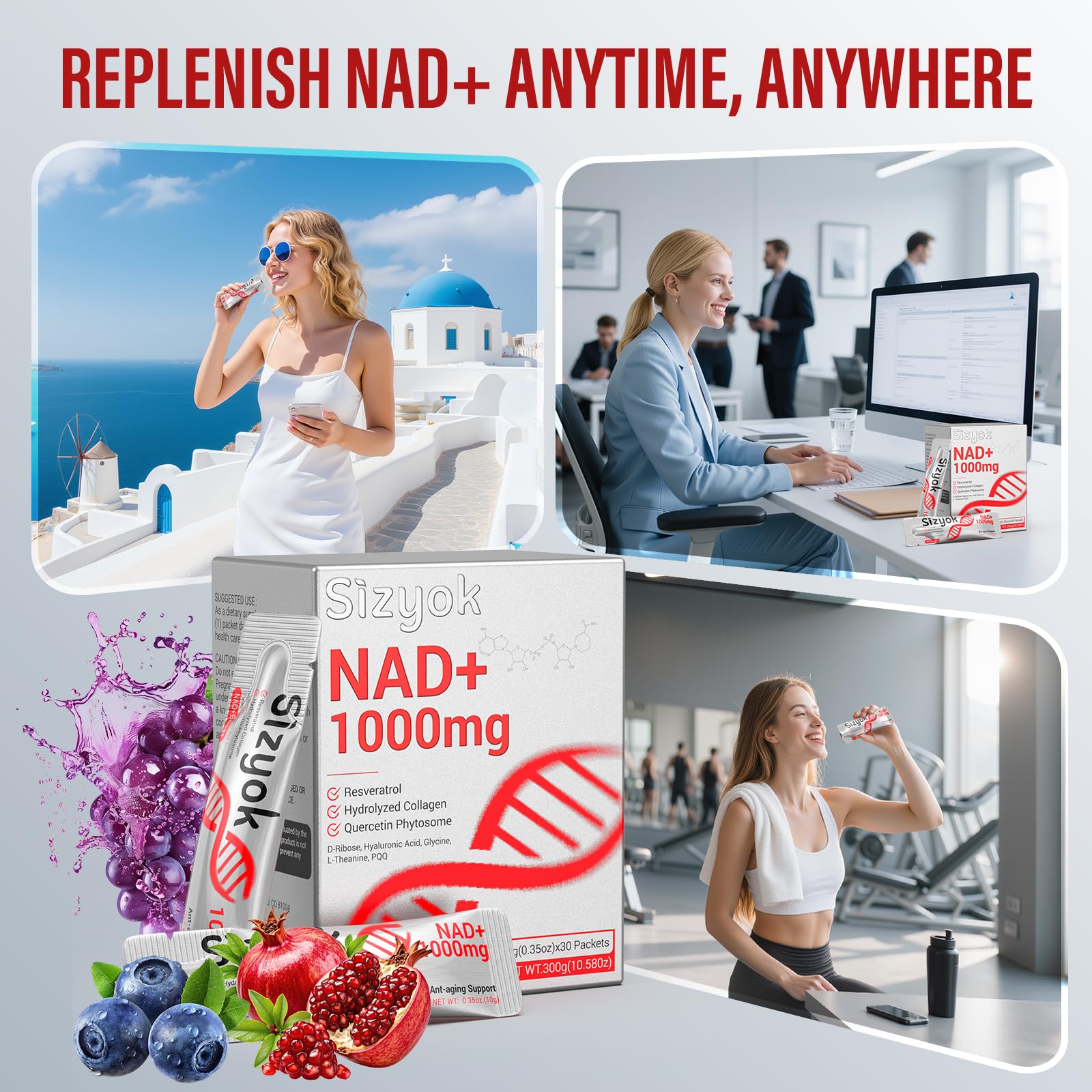 Sizyok NAD+ Resveratrol liquid supplement on a table