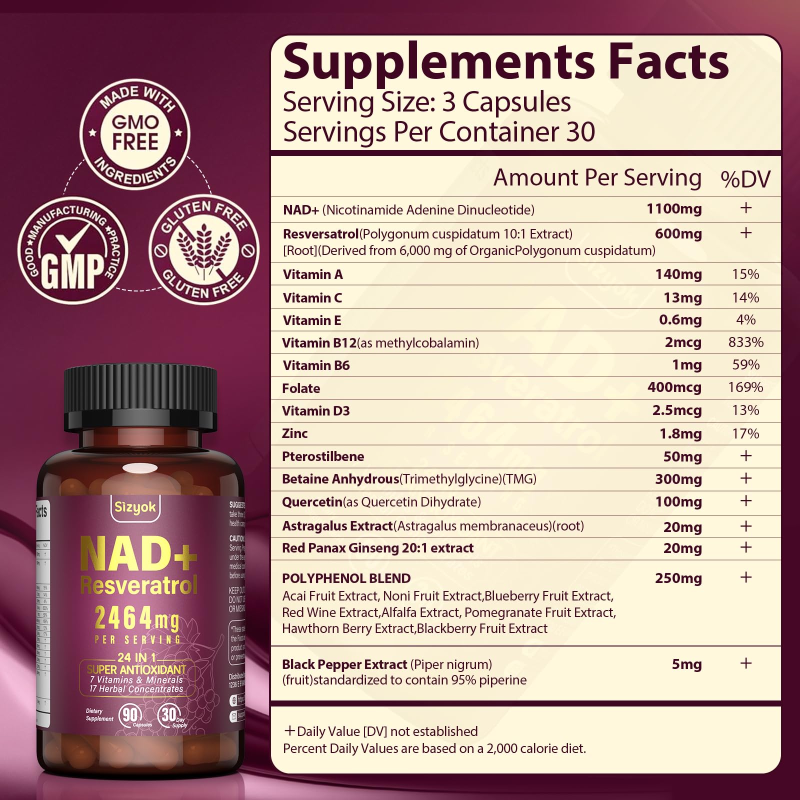 Sizyok NAD+ Supplement 600mg Resveratrol side view