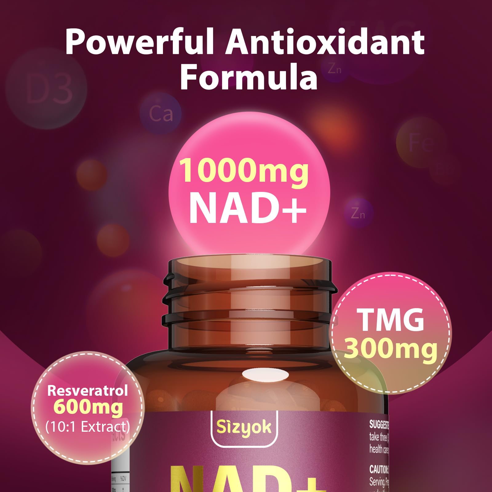 Sizyok NAD+ Supplement capsule format on table