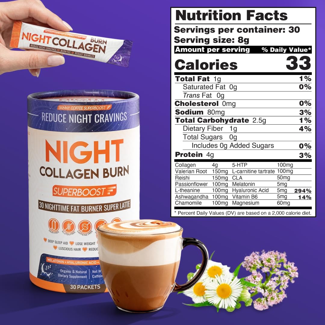 Skinny Coffee SuperBoost Night Collagen Burn with a calming night scene