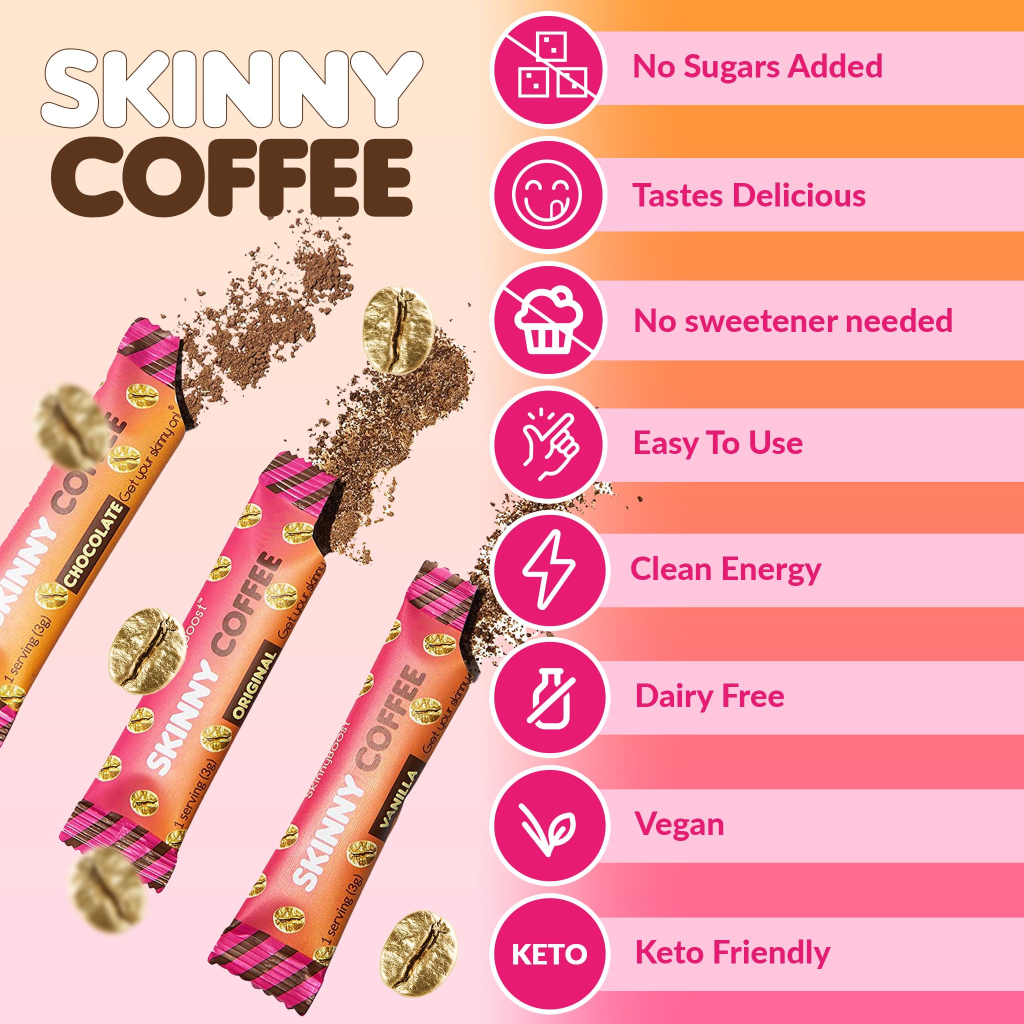 SkinnyBoost Skinny Coffee 3g packaging on a kitchen counter