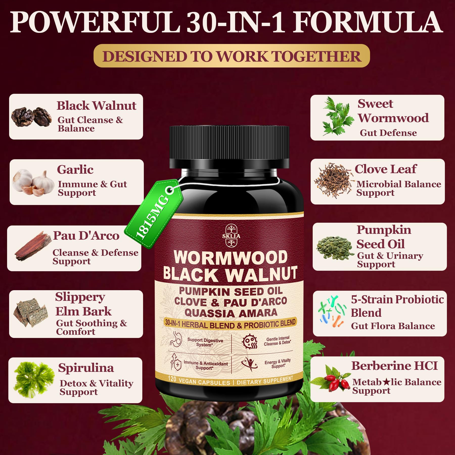 SKLIA Herbal Cleanse capsules side view with label