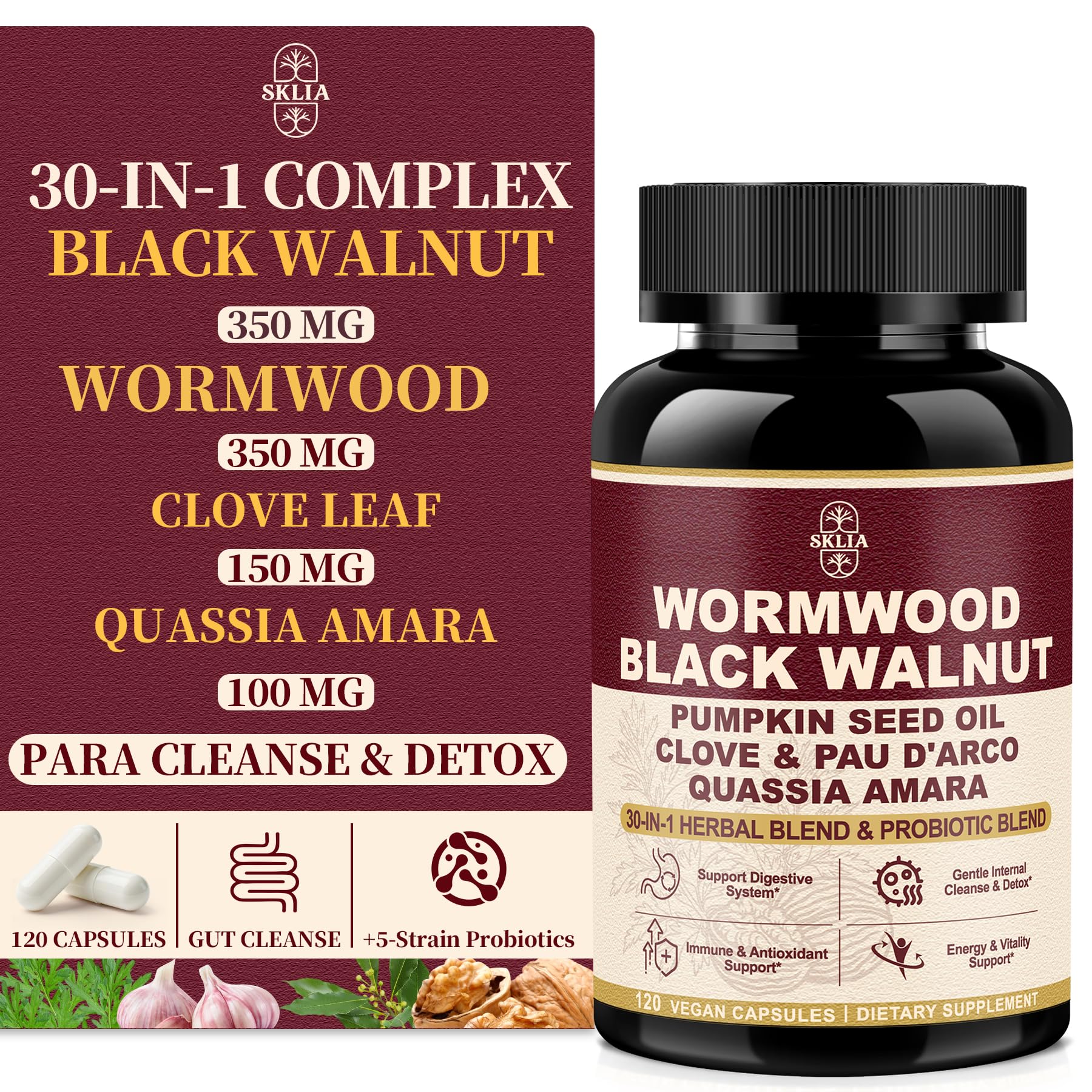 SKLIA Herbal Cleanse & Gut Support 30-in-1 supplement capsules front view