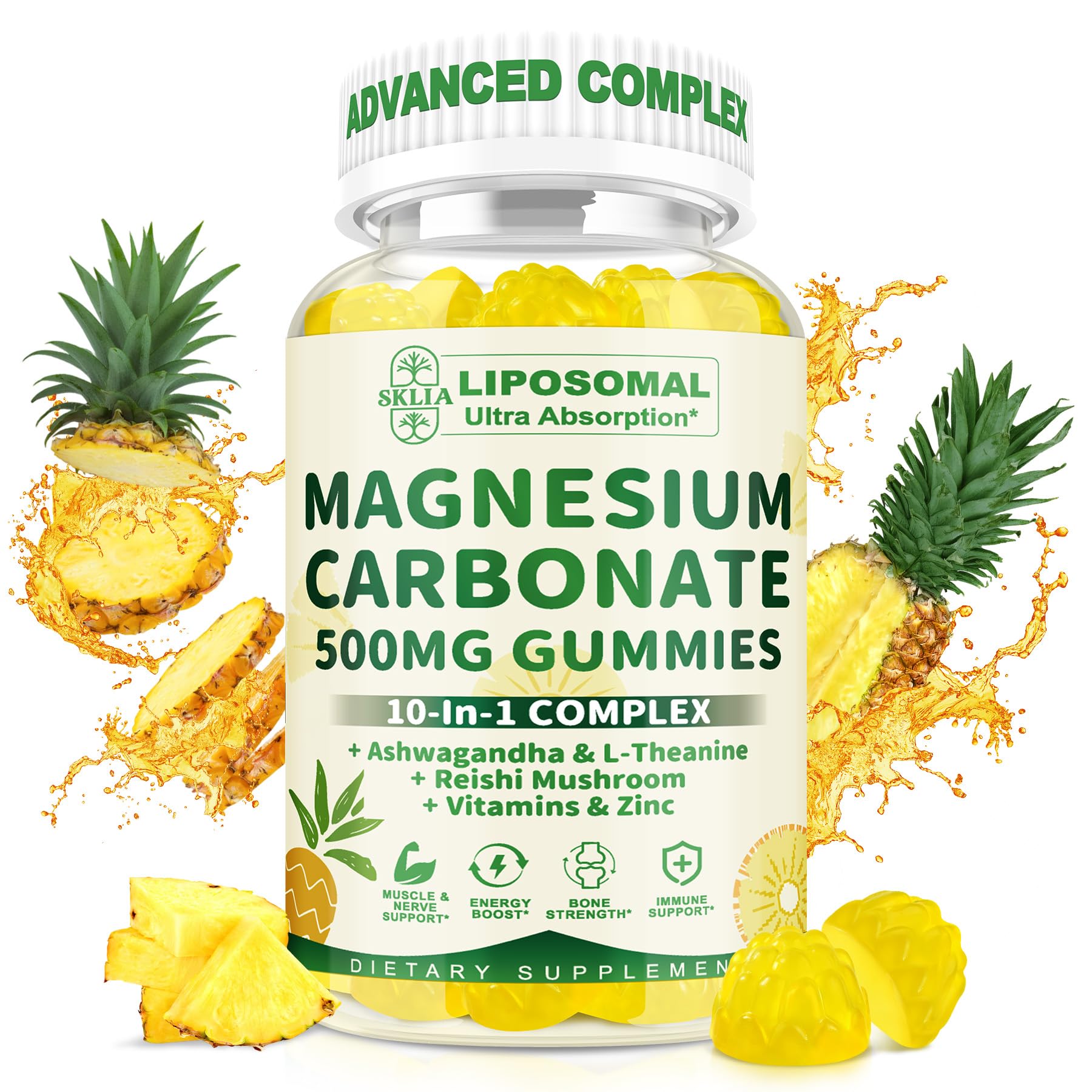 SKLIA Magnesium Gummies front view with pineapple flavour