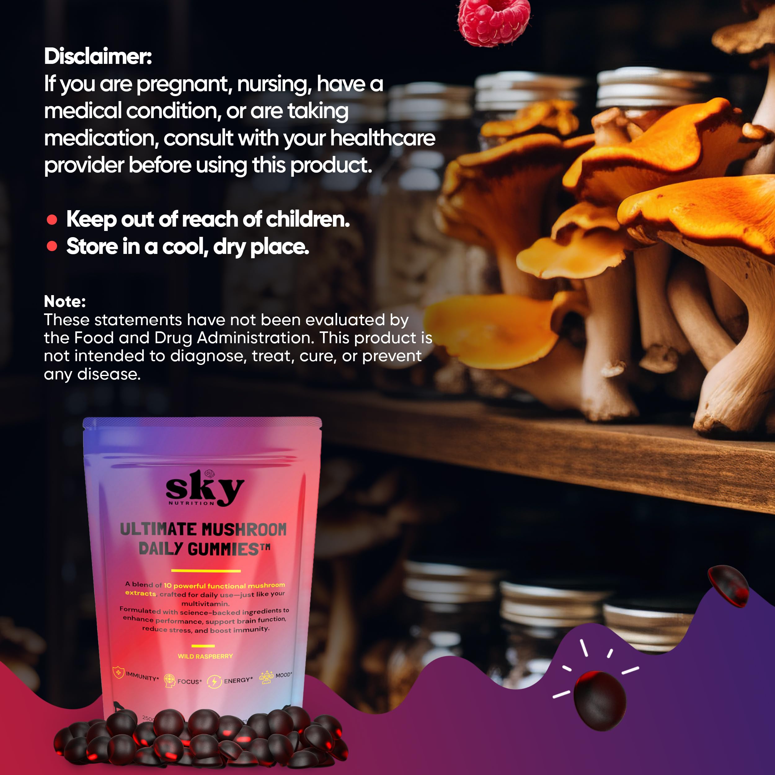 SKY NUTRITION Mushroom Gummies 10-in-1 close-up of gummies
