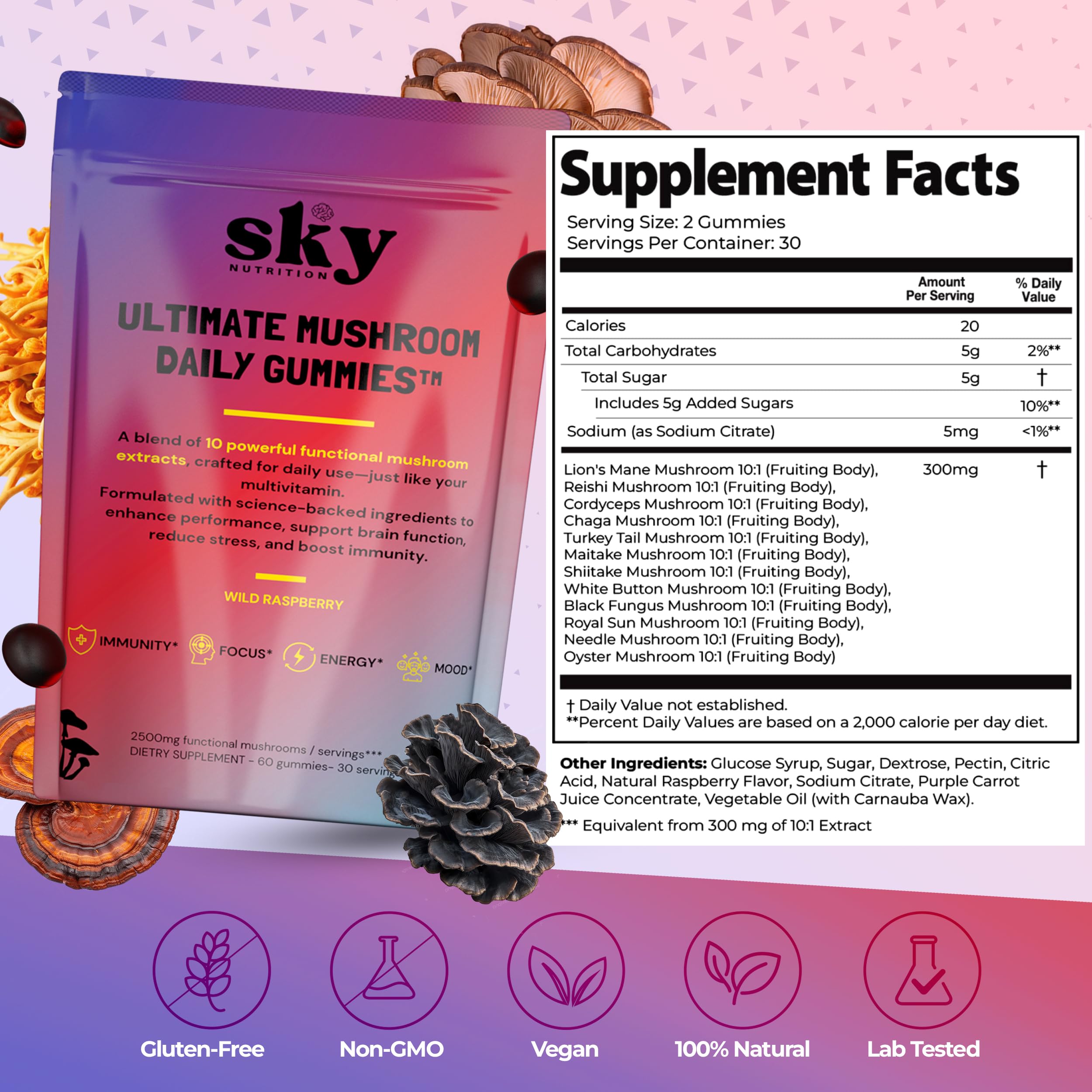 SKY NUTRITION Mushroom Gummies 10-in-1 packaging