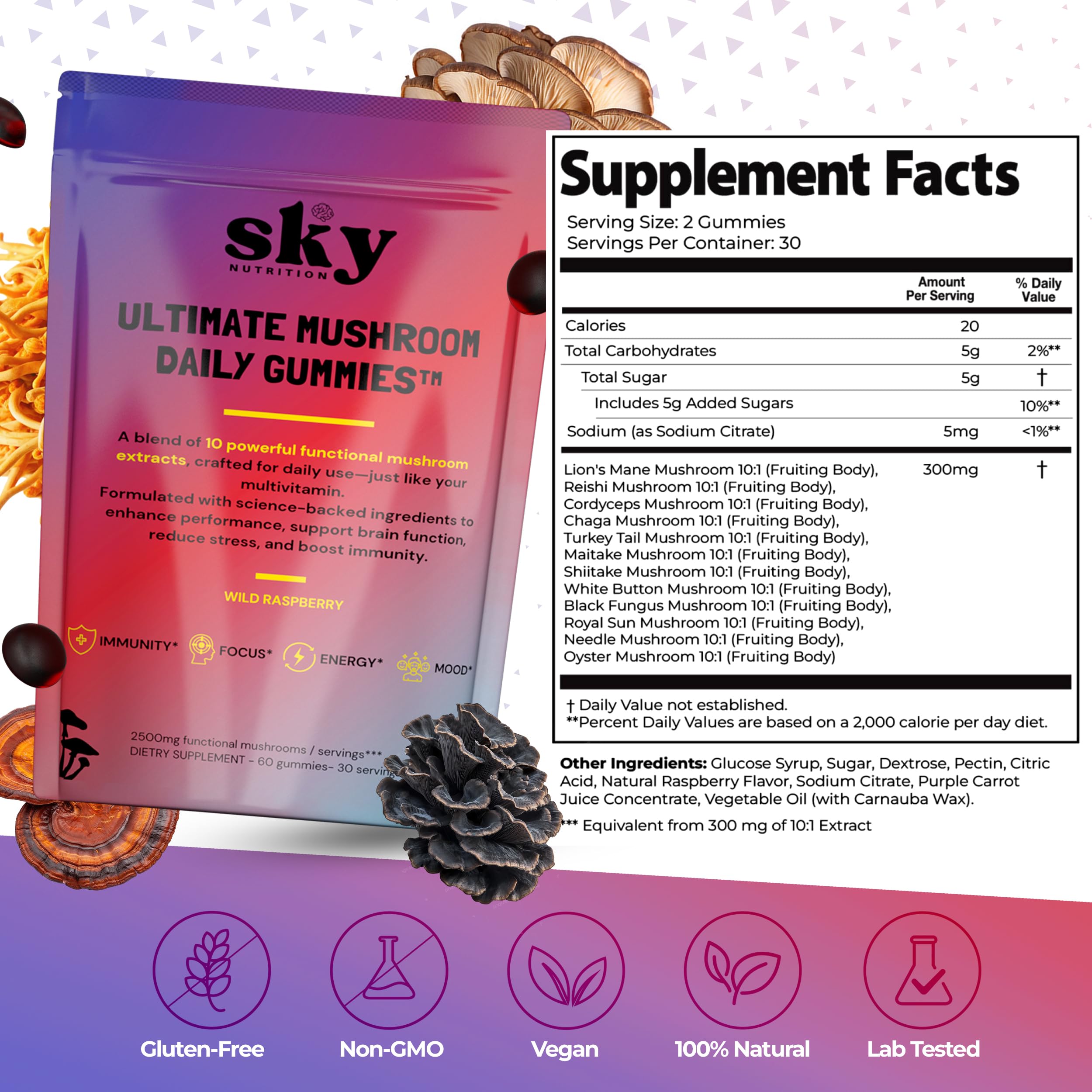 SKY NUTRITION Mushroom Gummies 10-in-1 packaging