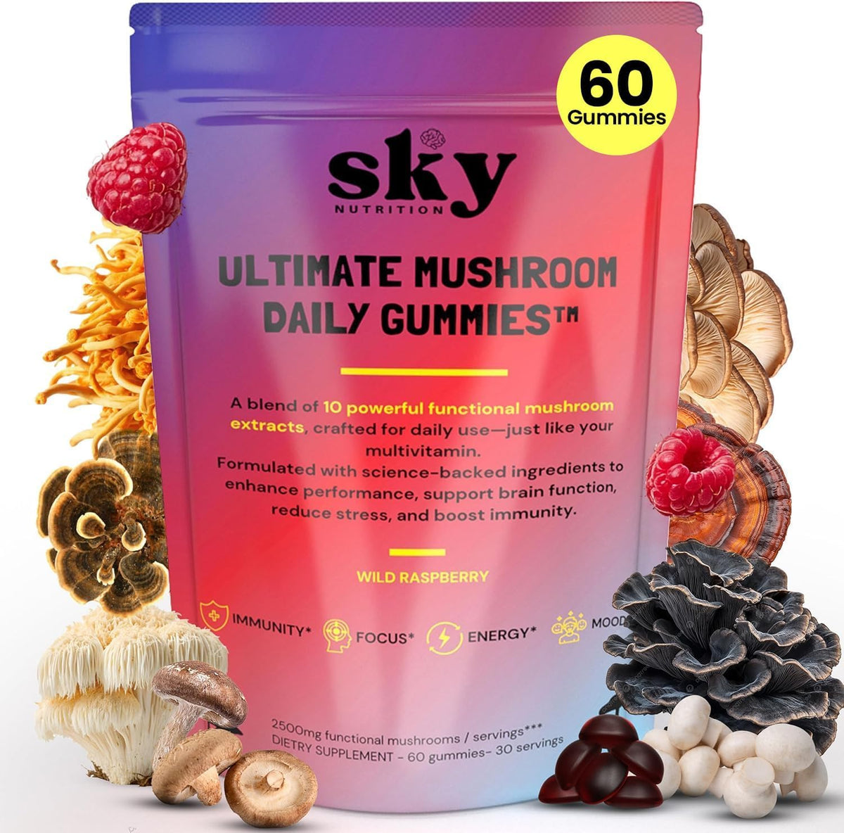 SKY NUTRITION Mushroom Gummies 10-in-1 raspberry flavour front view