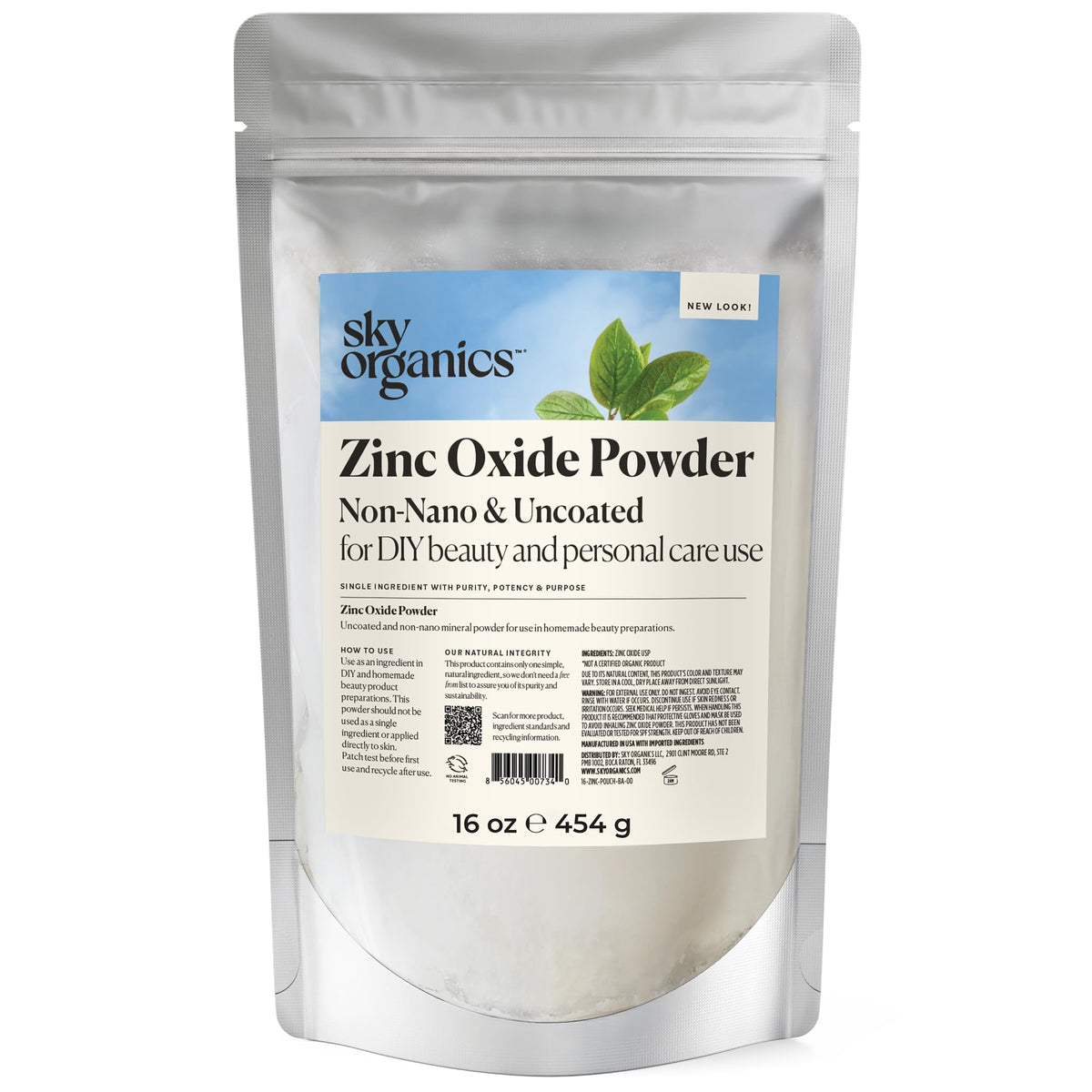 Sky Organics Zinc Oxide Powder 454g front view in resealable bag