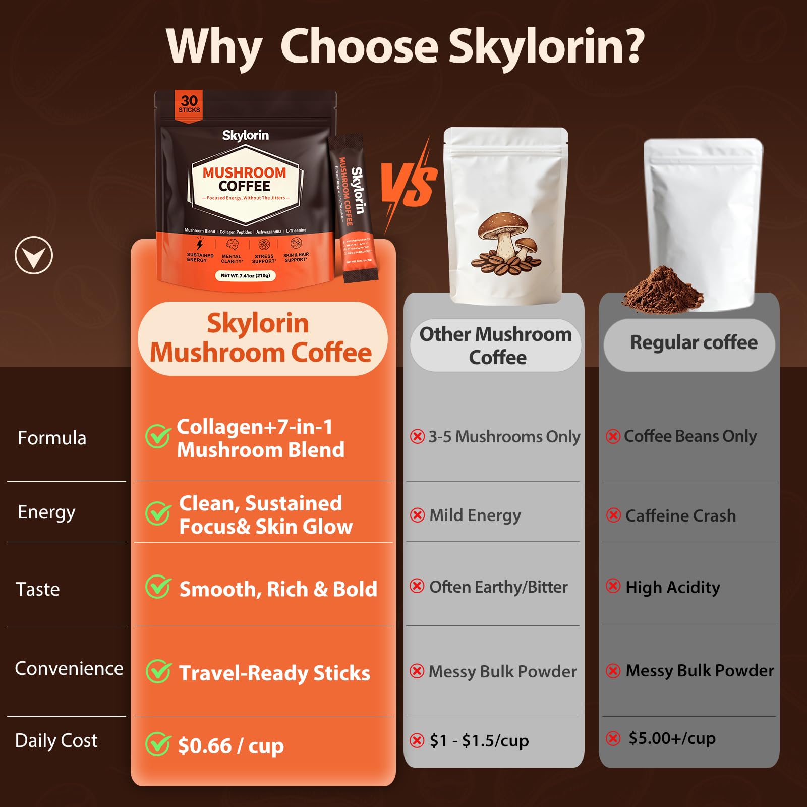Skylorin Mushroom Coffee packaging with mushroom graphics