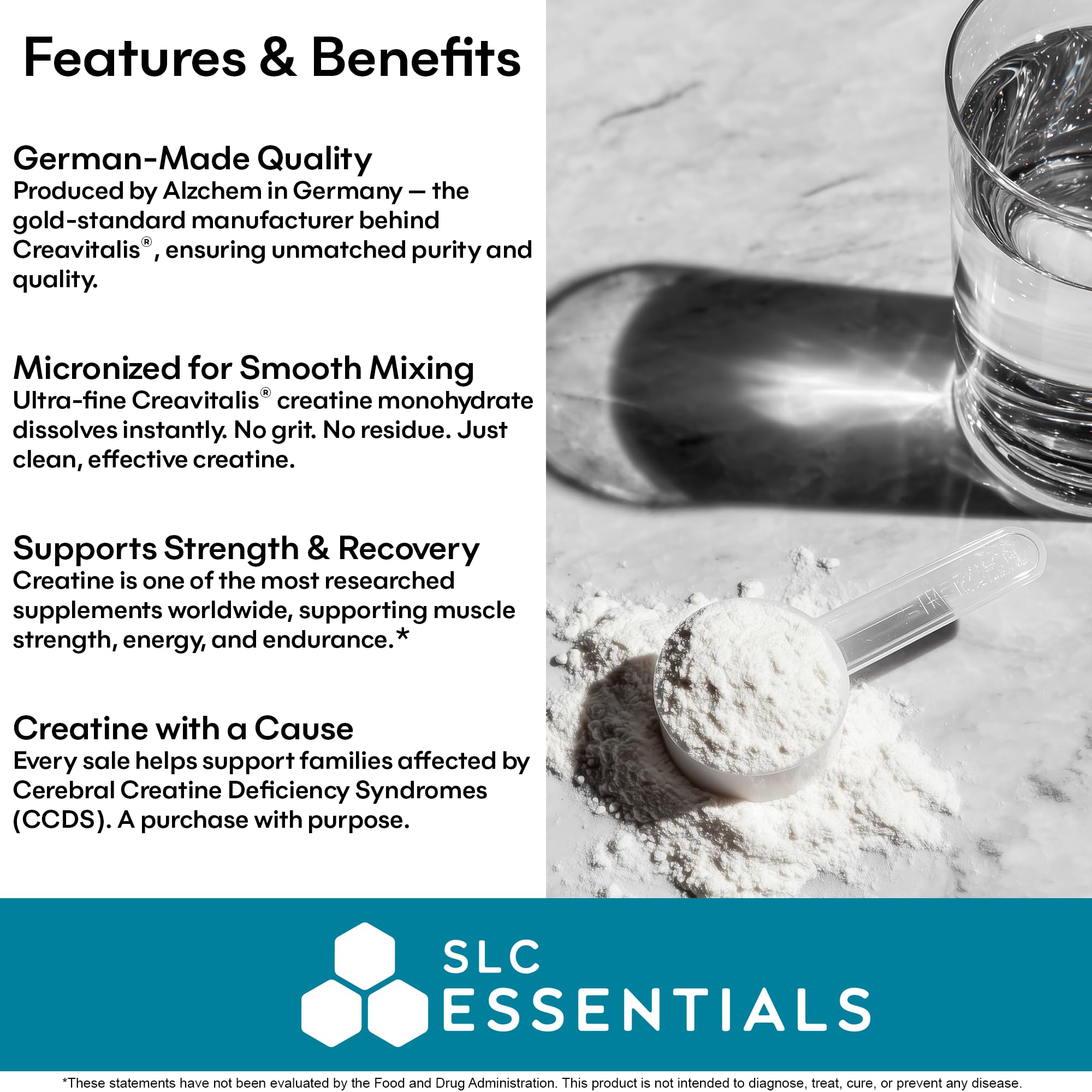 SLC Essentials Creatine Monohydrate 374g mixed in a glass