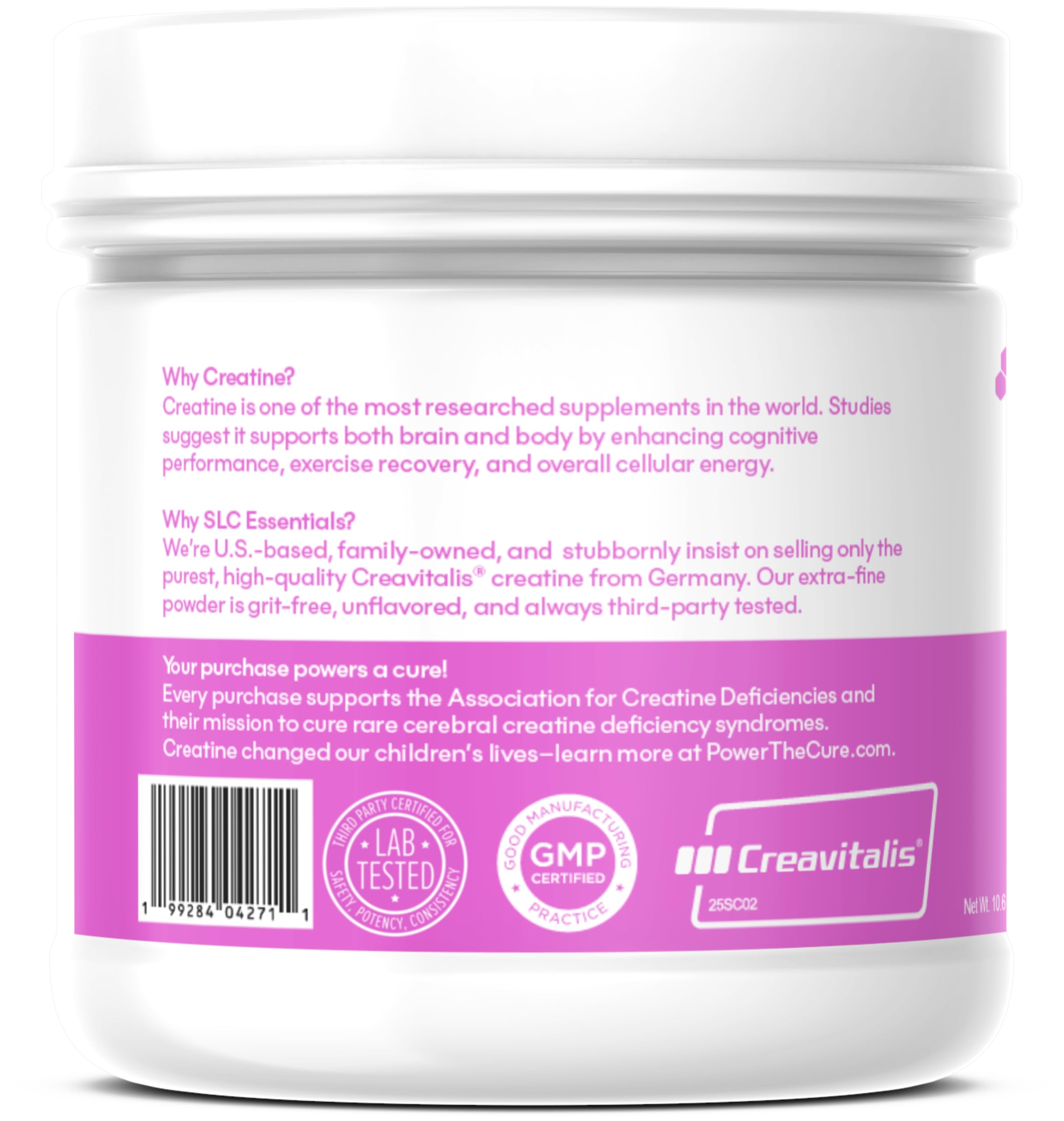 SLC Essentials Creatine Monohydrate 374g packaging side view