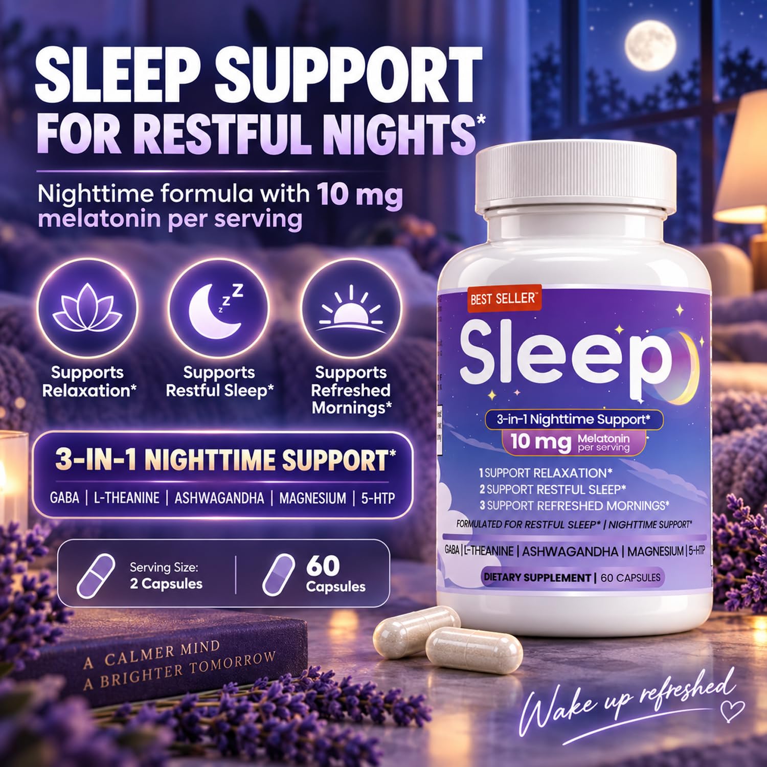 Sleep 3-in-1 Melatonin 10mg Supplement with water glass