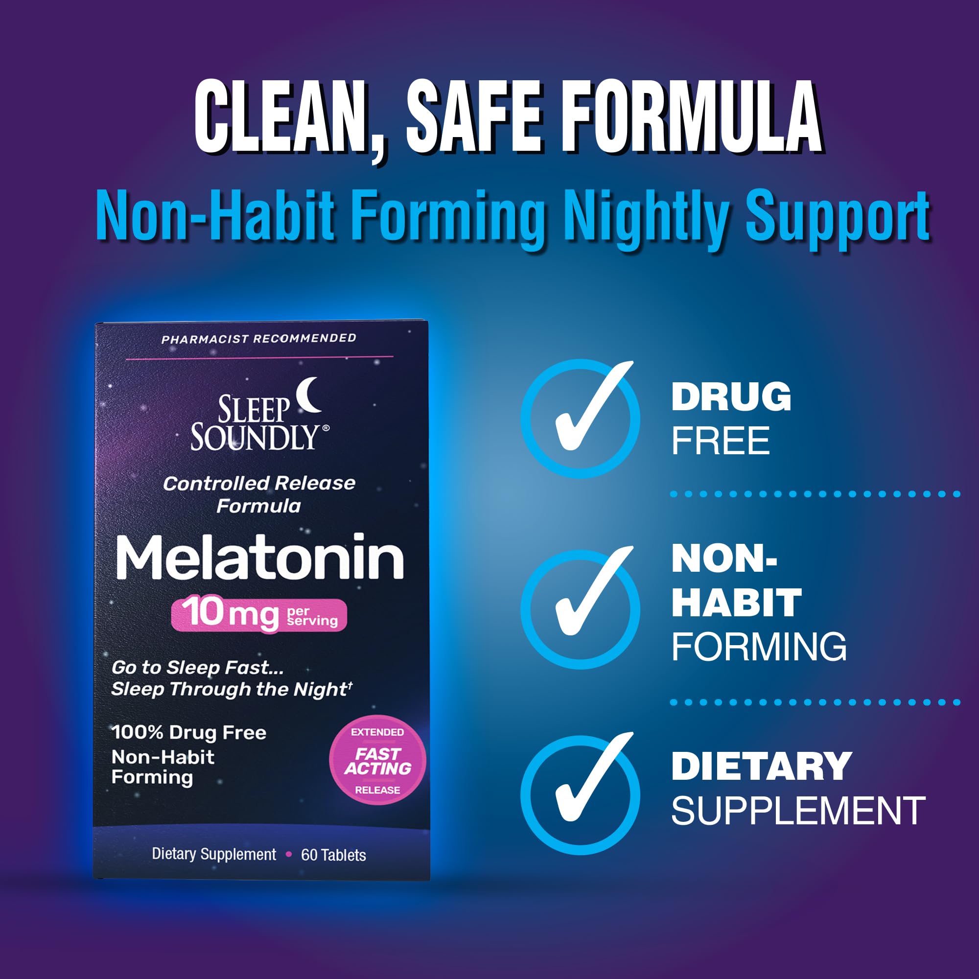 Sleep Soundly Melatonin 10 mg controlled-release tablets side view with dosage details