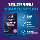 Sleep Soundly Melatonin 10 mg tablets displayed with packaging dimensions