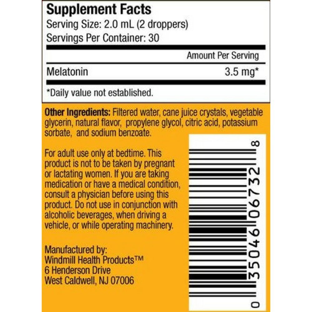 Sleep Soundly Melatonin 2-ounce bottle back view