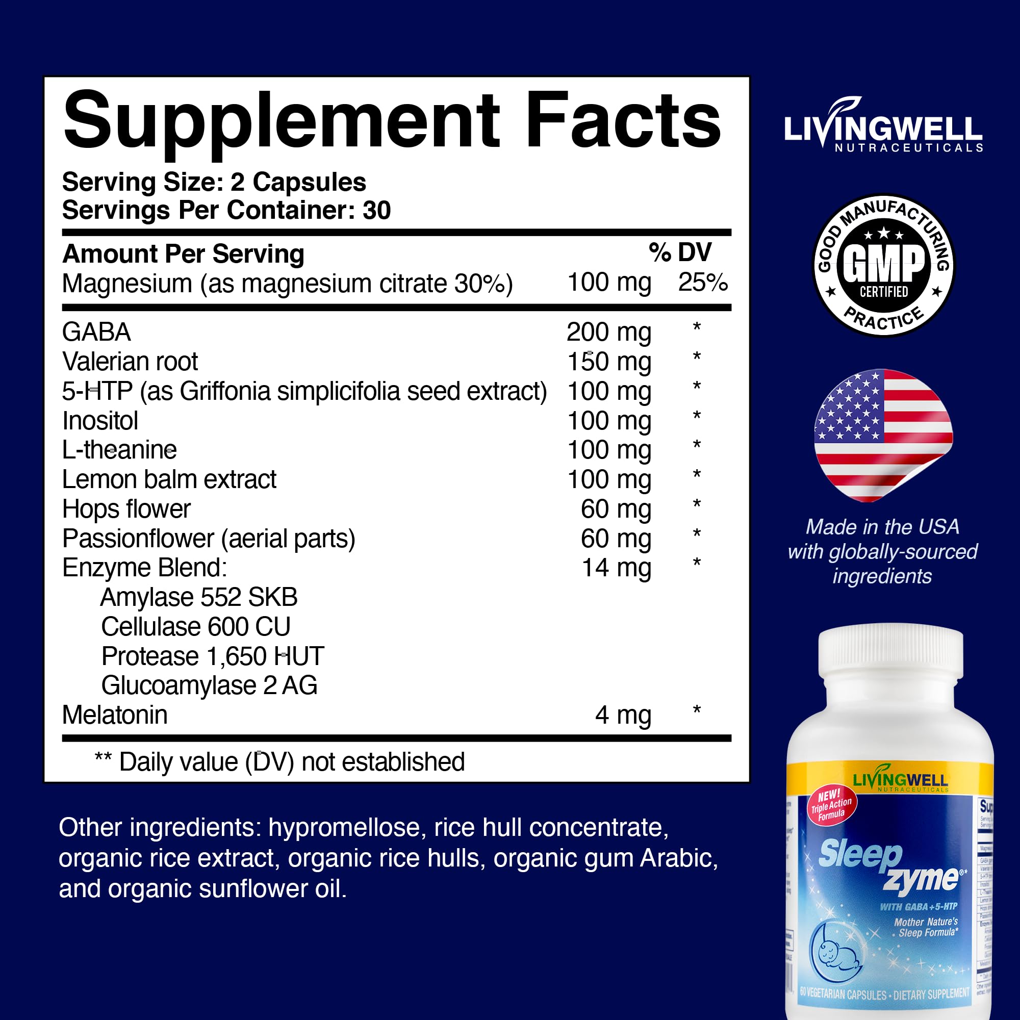 Sleepzyme Sleep Supplement Capsules back view with nutritional information
