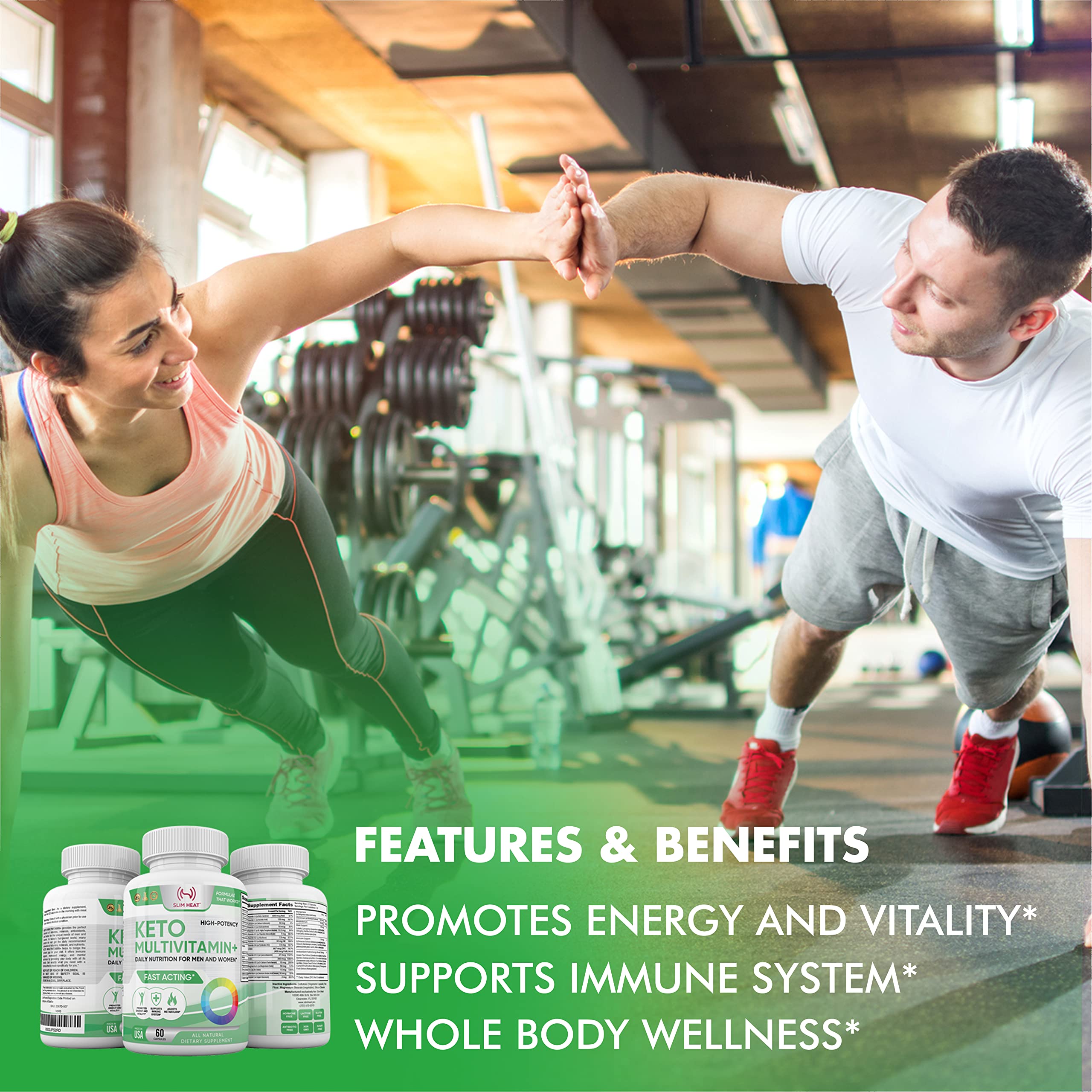 Slim Heat Multivitamins capsules on a wooden surface