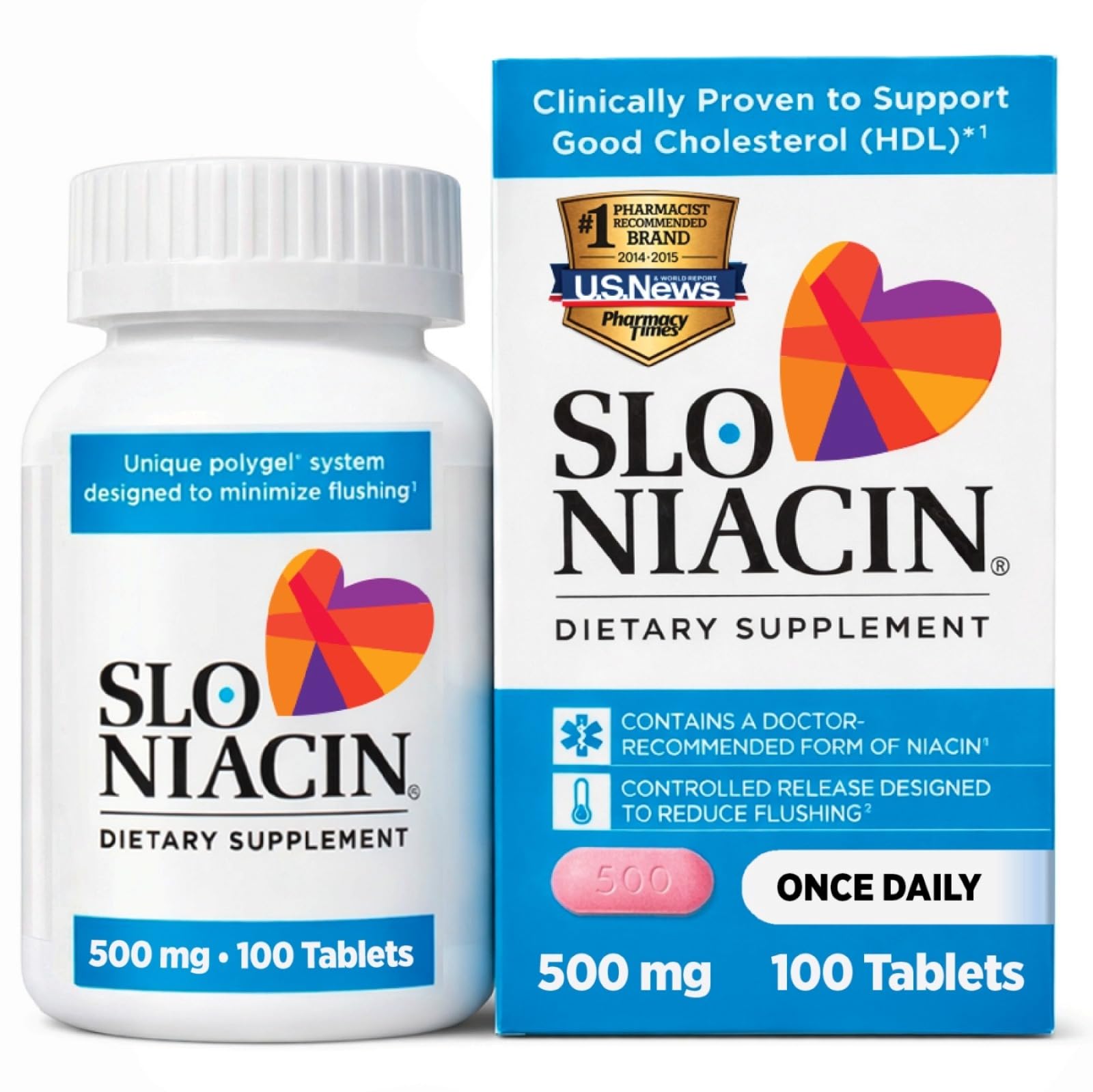 Slo-Niacin 500mg niacin supplement front view of packaging