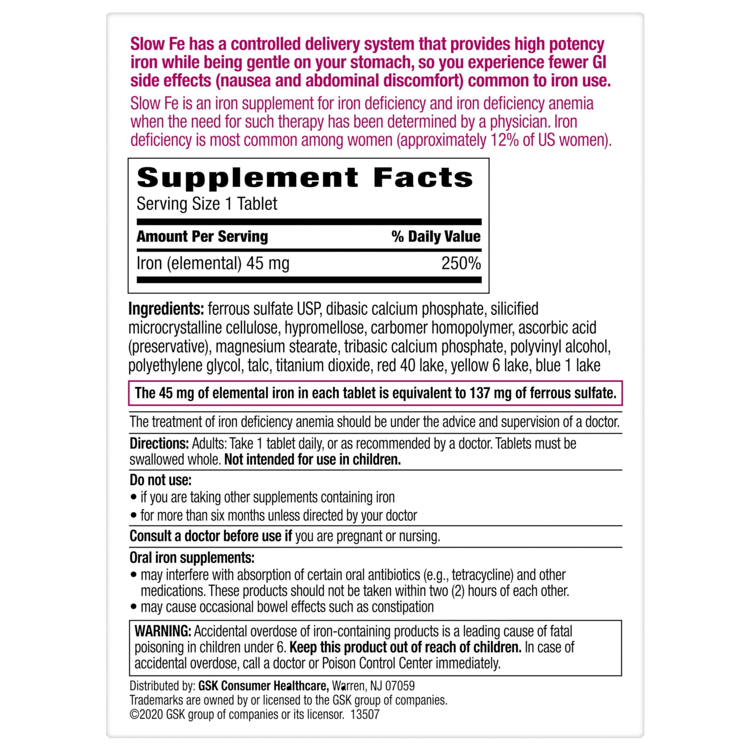 Slow Fe Iron Supplement 45mg tablets on a table