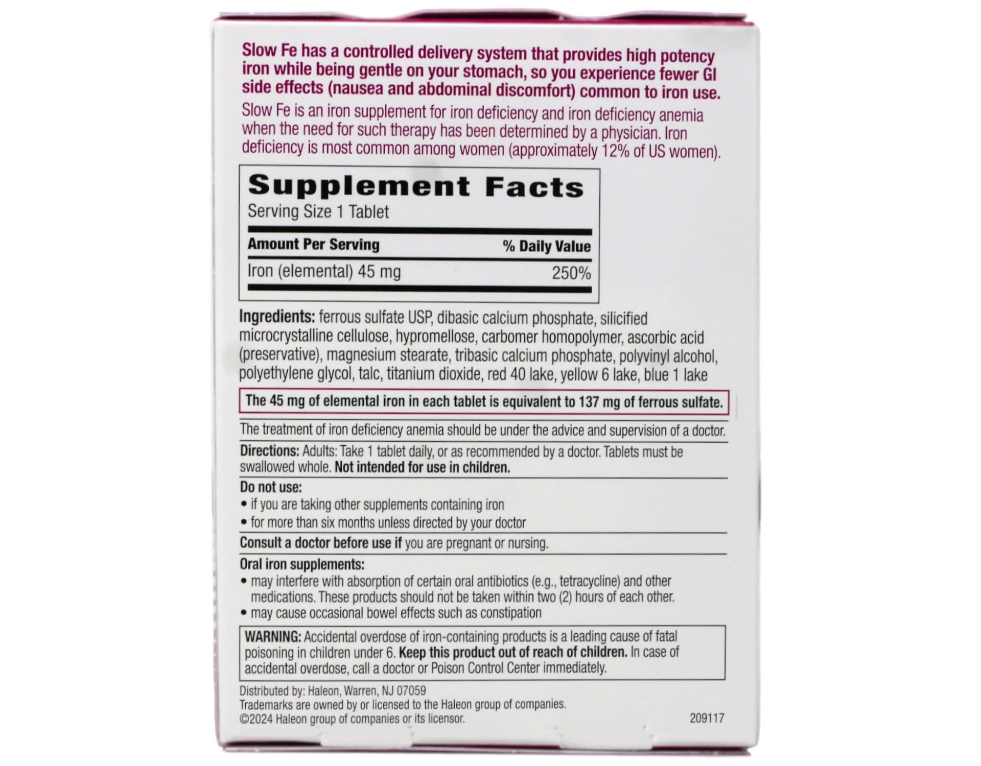 Slow Fe Iron Supplement side view showing tablet count
