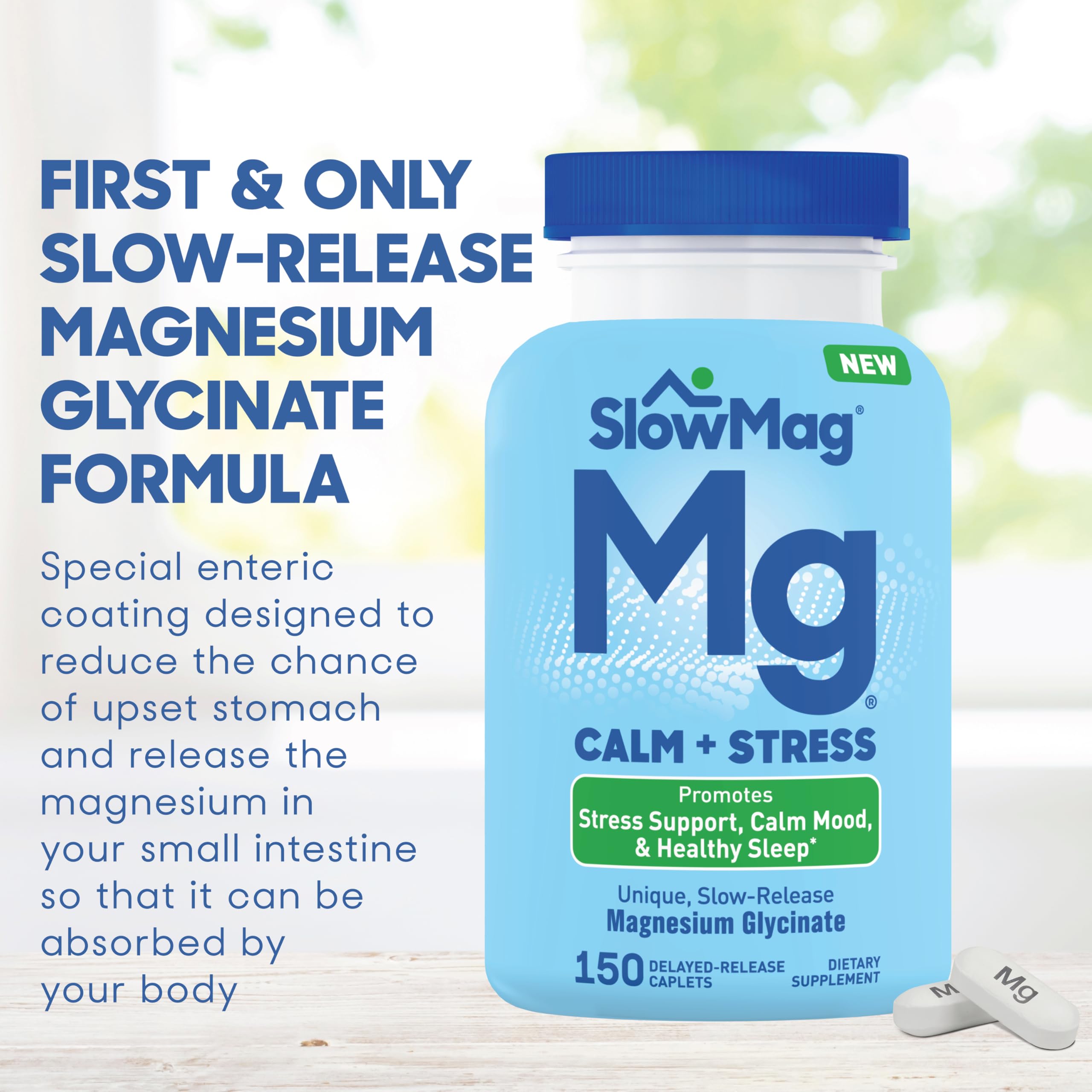 Slow-Mag Magnesium Glycinate Calm + Stress 150mg bottle side view