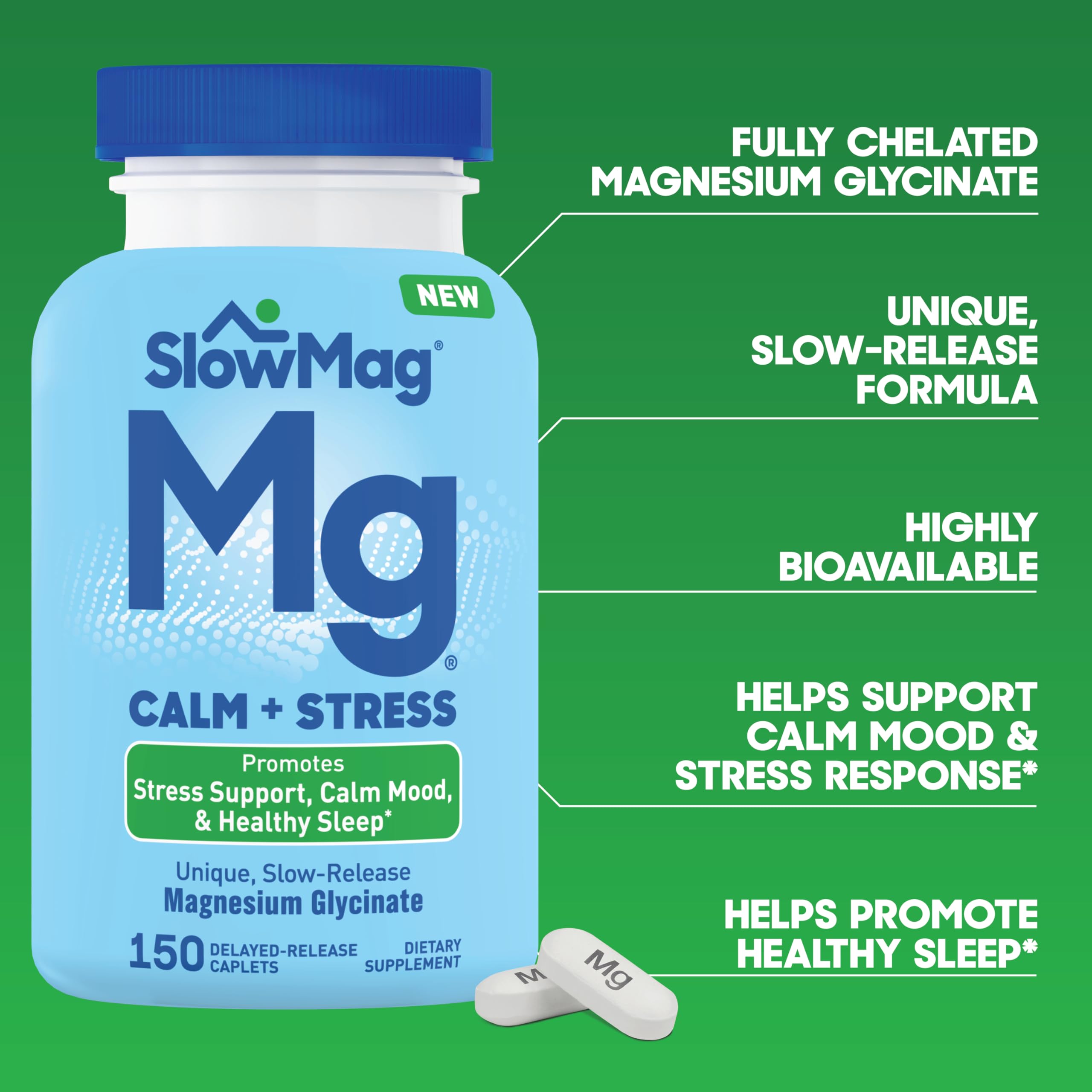 Slow-Mag Magnesium Glycinate Calm + Stress 150mg capsules on a table