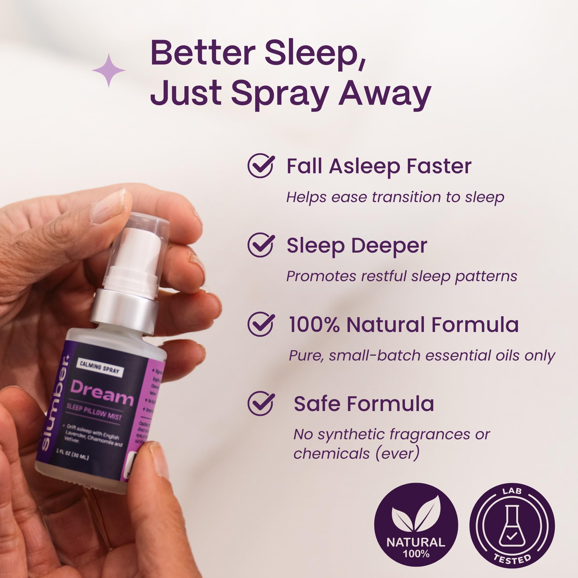 Slumber Dream Sleep Pillow Spray bottle with lavender, chamomile, vetiver ingredients