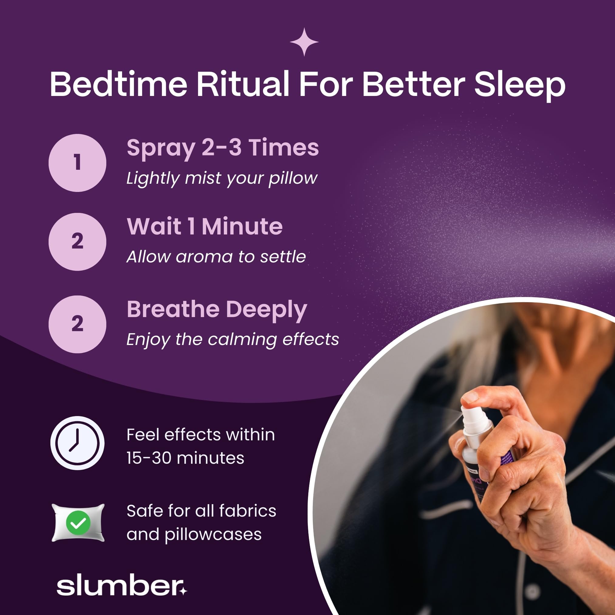Slumber Dream Sleep Pillow Spray on a bedside table with flowers