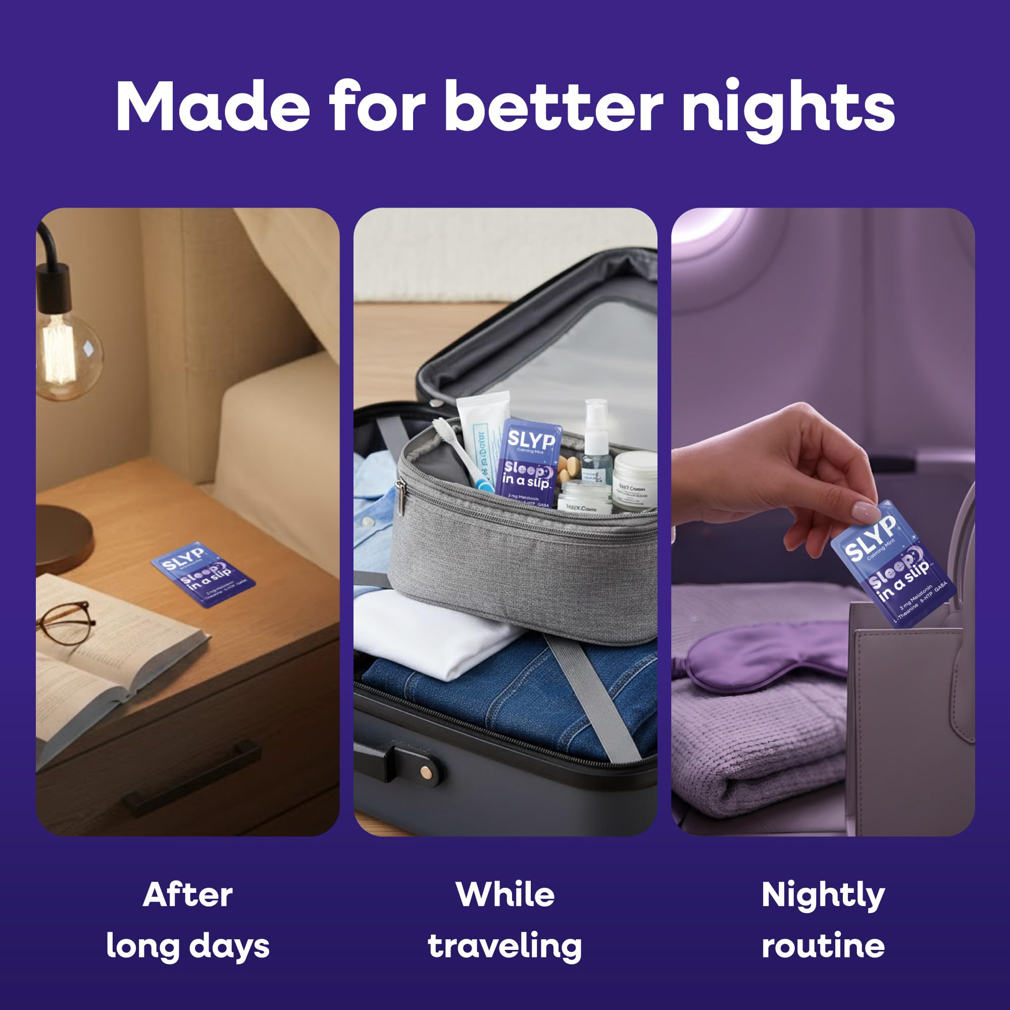 Slyp Mint Oral Sleep Strips on a travel bag