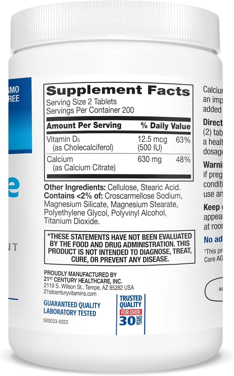 SMART MONKEY TECHNOLOGIES Calcium Citrate Plus D3 400 Tablets bottle side view