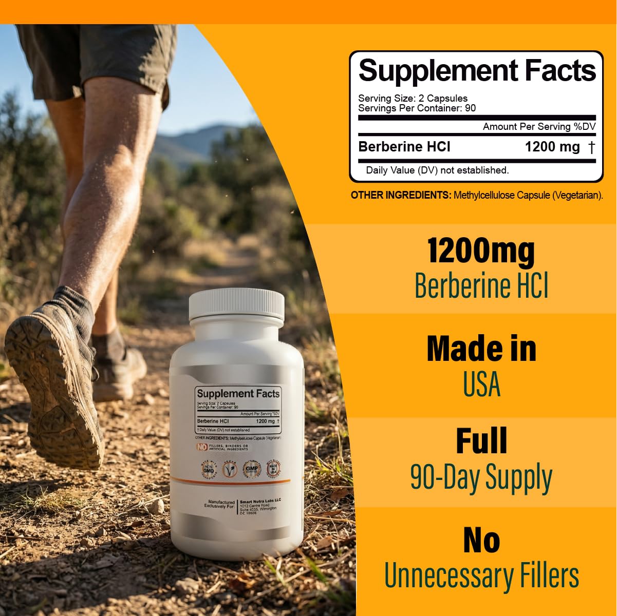 Smart Nutra Labs Berberine 1200mg vegan capsules bottle side view