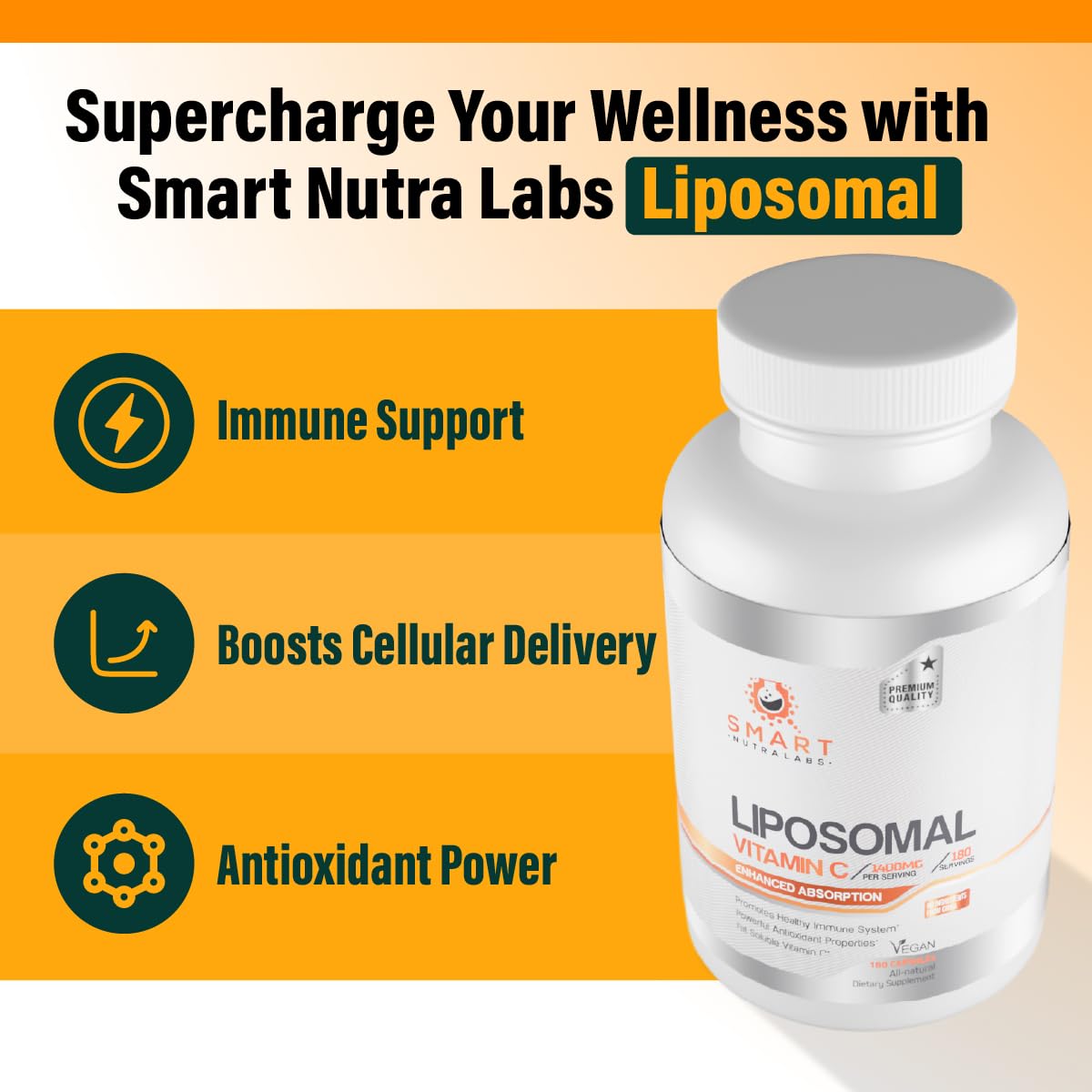Smart Nutra Labs Liposomal Vitamin C 1400mg capsules on a wooden table