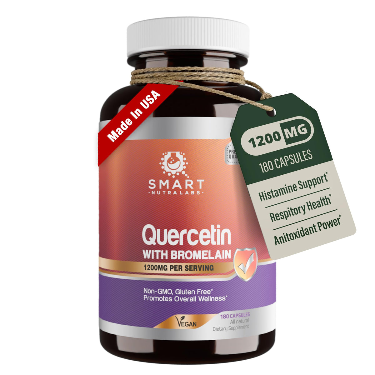 Smart Nutra Labs Quercetin with Bromelain 180 vegan capsules front view