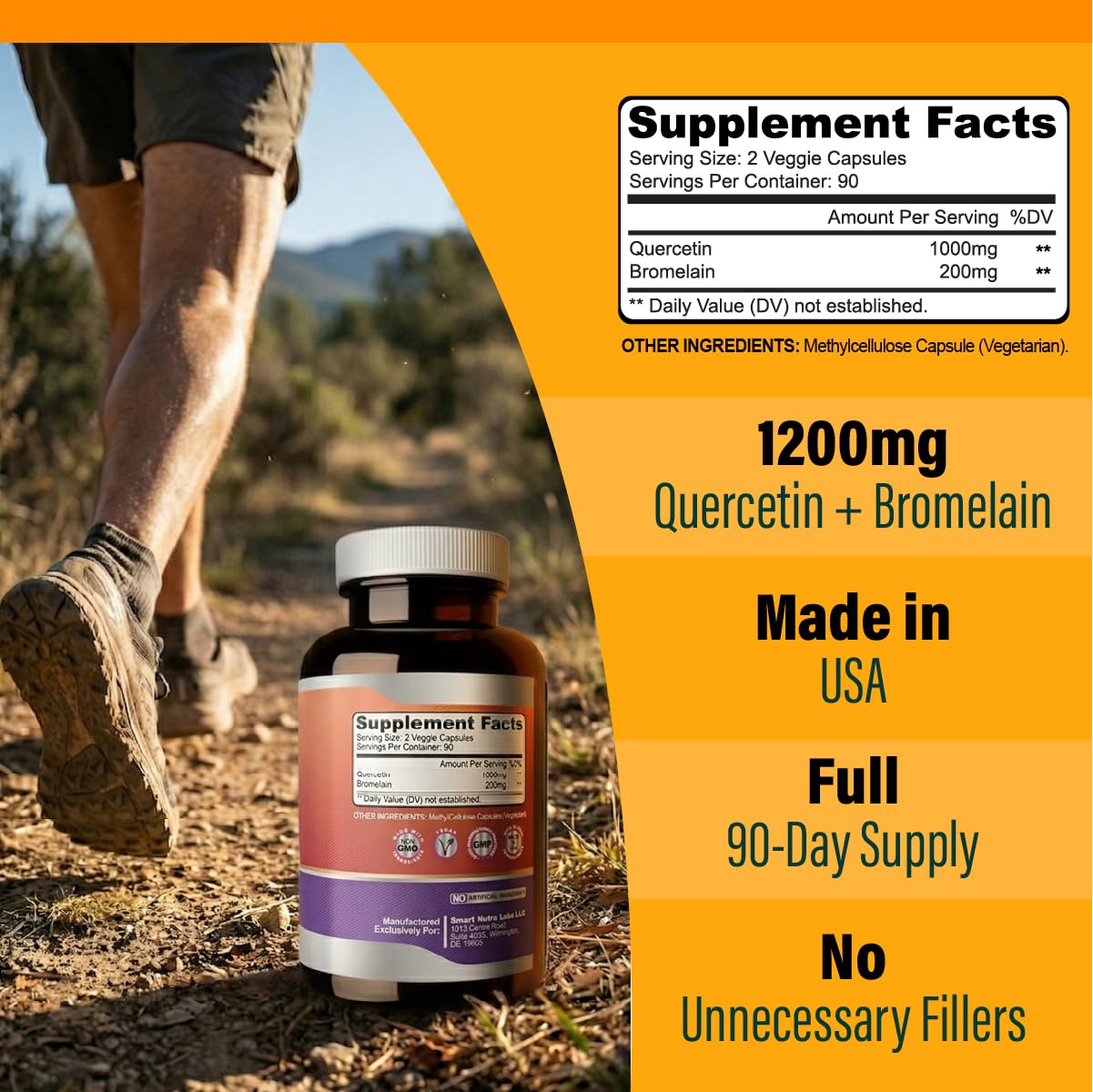 Smart Nutra Labs Quercetin with Bromelain bottle side view