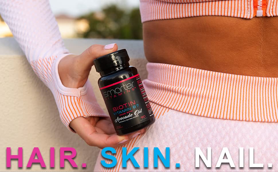 SmarterVitamins Biotin B7 Liquid Softgels on a wooden table