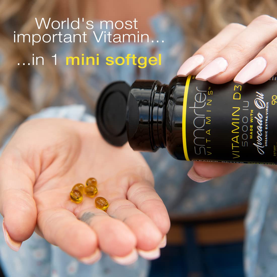 SmarterVitamins D3 5000IU Mini Softgels side view showing bottle