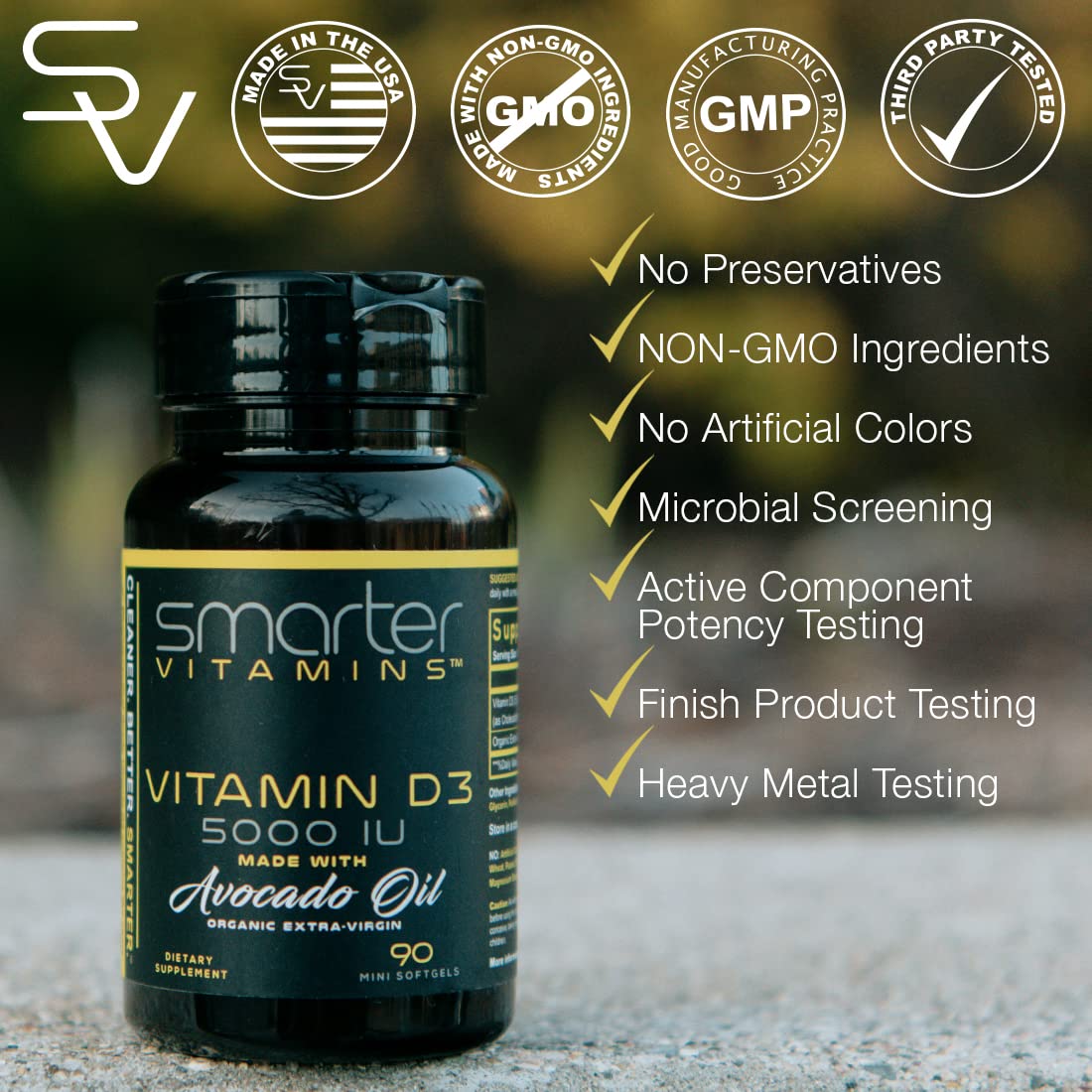 SmarterVitamins D3 5000IU Mini Softgels with avocado oil ingredients