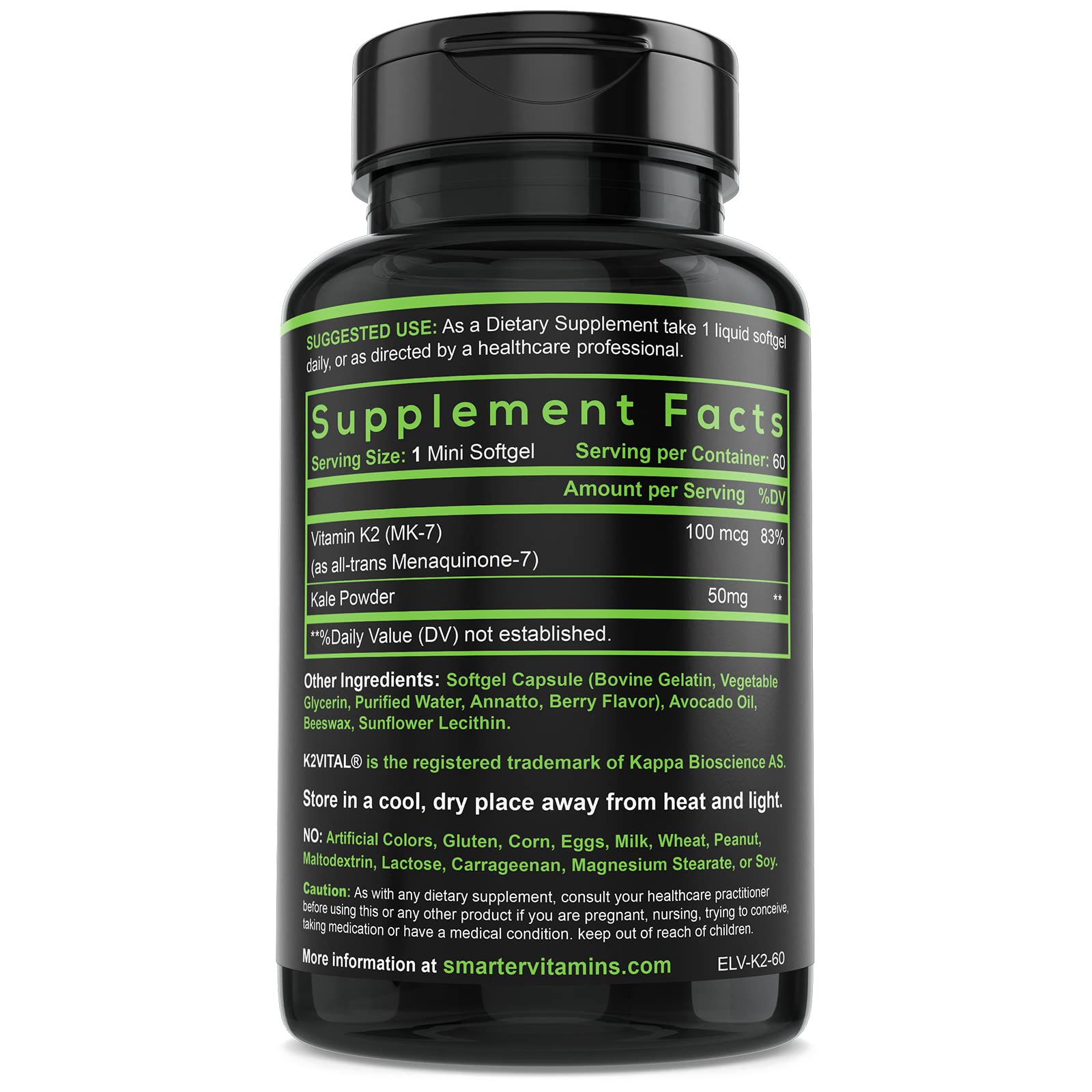 SmarterVitamins Vitamin K2 Liquid Softgels bottle with softgels scattered