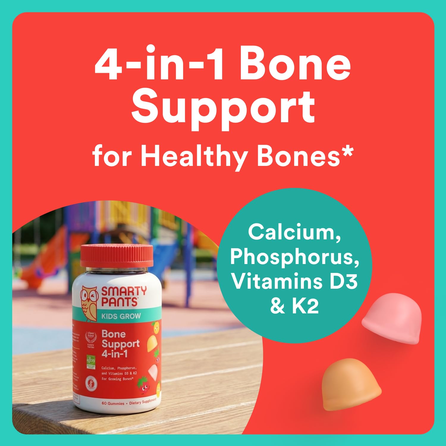 SmartyPants Kids Bone Support Gummies 60ct side view showing gummy texture