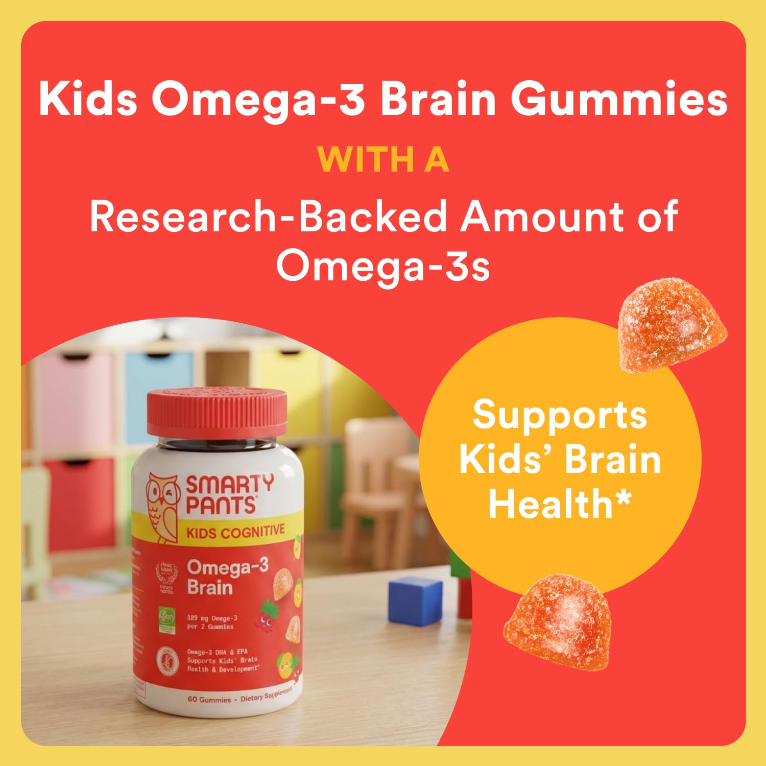SmartyPants Kids Omega-3 Brain Gummies bottle with gummies