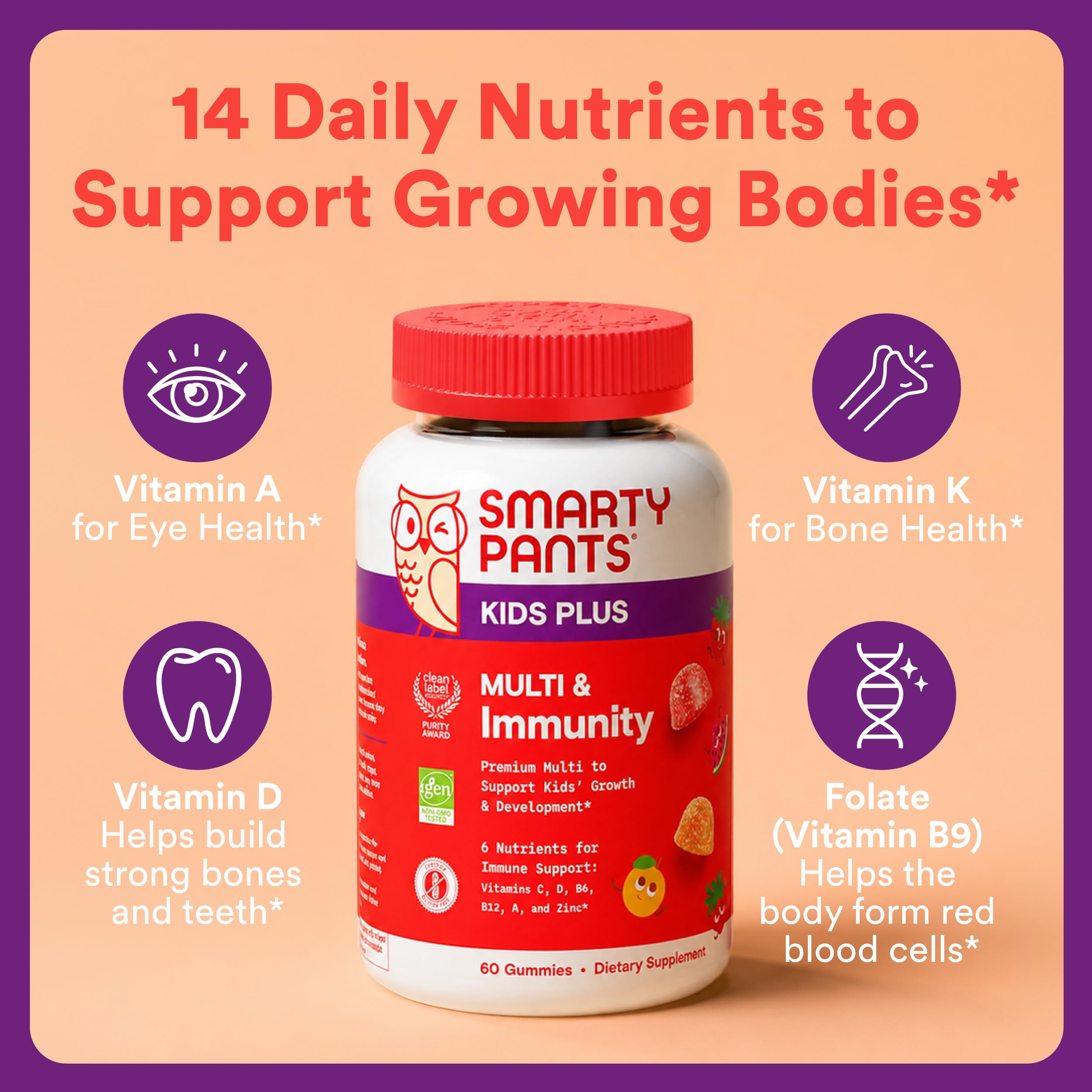 SmartyPants Kids Plus Multi & daily wellness gummy vitamins back view with nutritional information