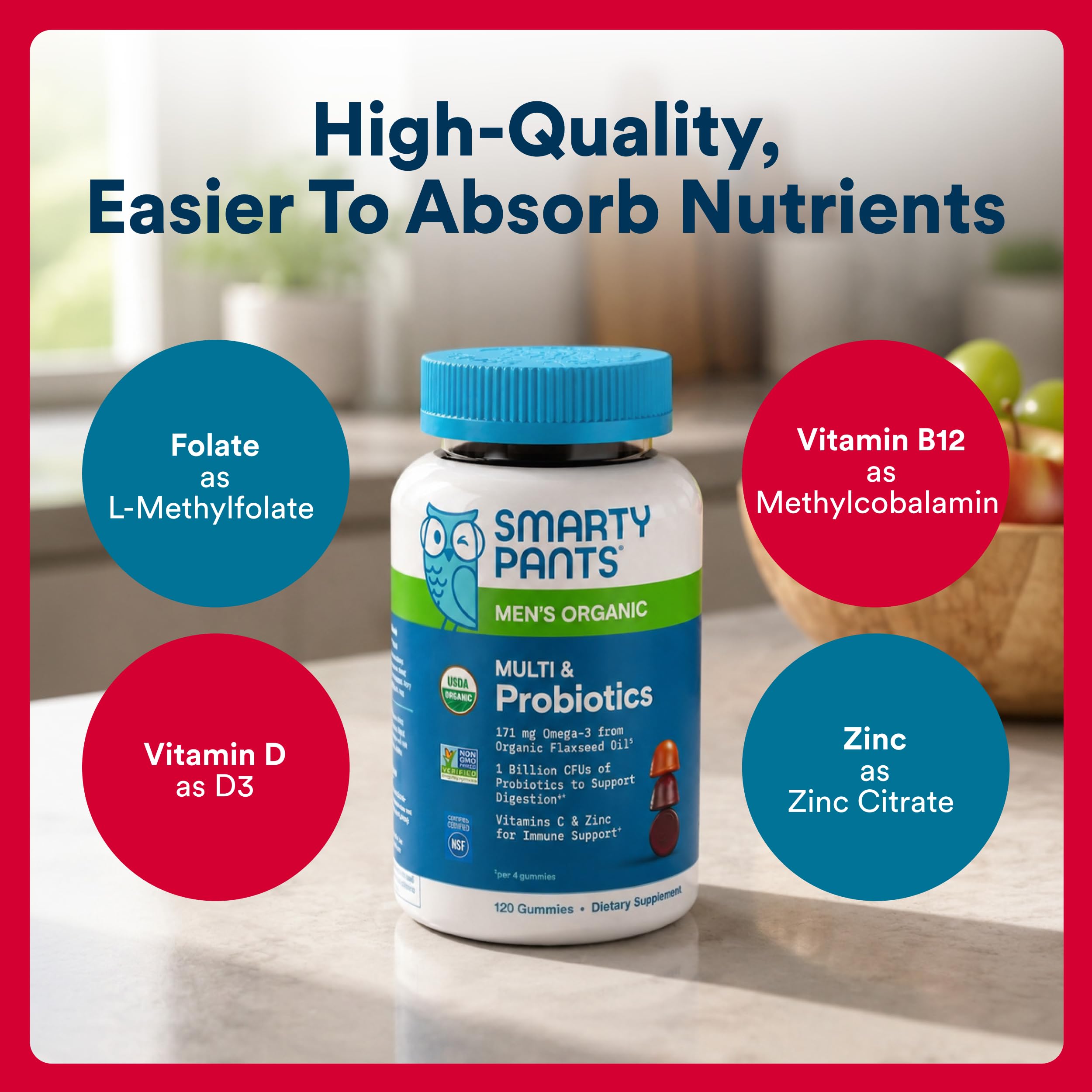SmartyPants Organic Men's Multivitamin Gummies with orange and raspberry